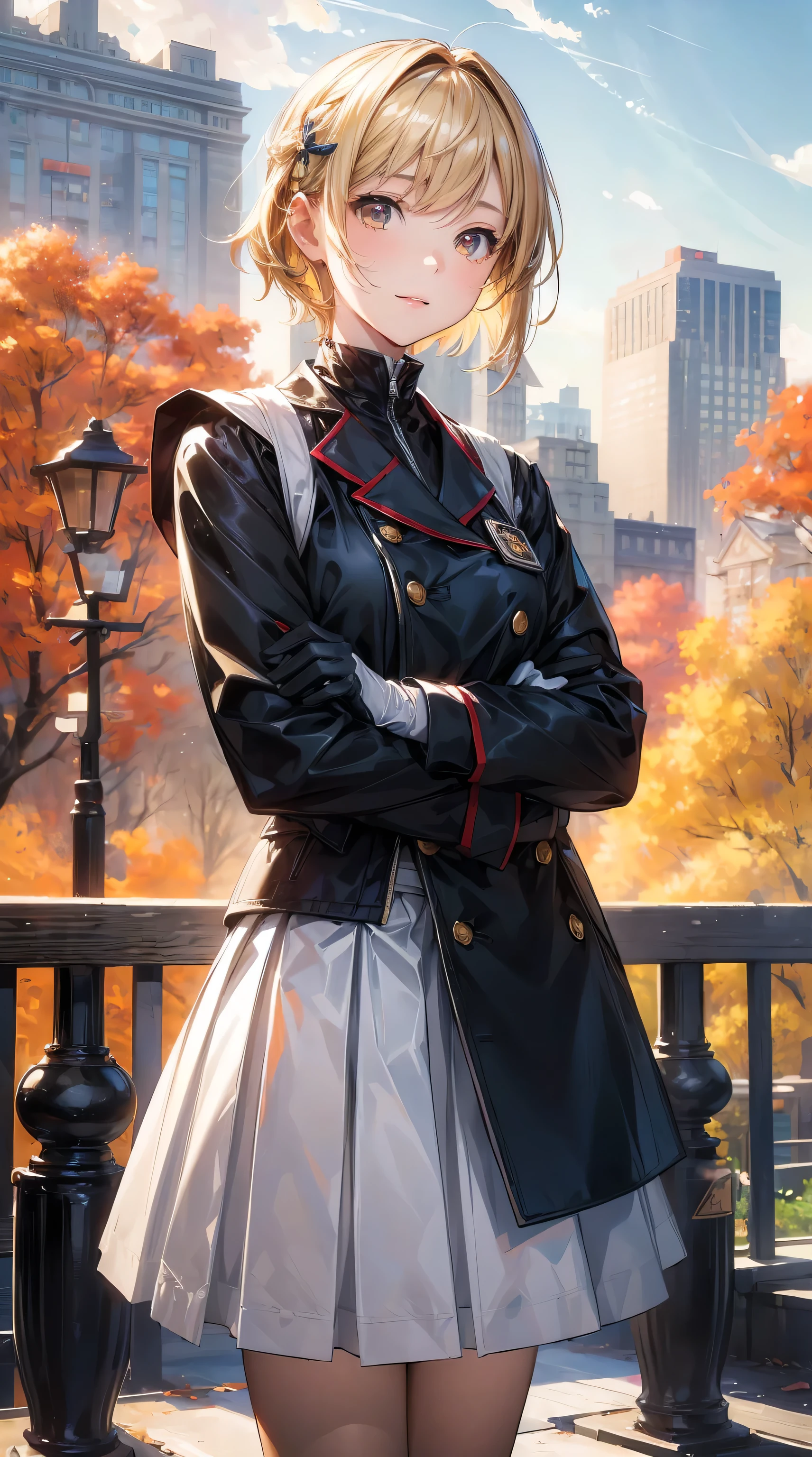((masterpiece,best quality)),1 Girl,Solitary, (((Senri Nishikigi))), short hair, Light yellow hair, Solitary, skirt, Detail eyes, looking at the audience, Long sleeve, permanent, white skirt, Gloves,Hair accessories, black jacket, Smile, Flowing hair, Hook of Holland, Shut up, Look away, (Central Park),Cloudy sky, Blue sky, warm color,