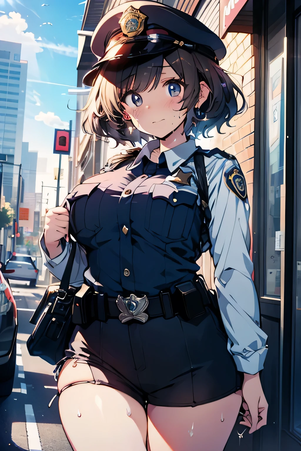 Anime illustration、highest quality、Female police officer cracking down on parking violations downtown、High alert、Perfect balance、Oversized bust、Fatty legs、Clear Eyes、Sweaty、Cowboy Shot