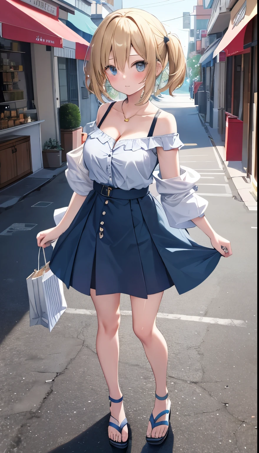 One Girl、Star Town Suisei、positive、Standing posture、Full body portrait、、blush、Absolute area、No panties、No bra、barefoot、Light blue dress、Off-the-shoulder dress、(Very large breasts)、Cleavage、((Lesbians around the world))、masterpiece、(highest quality)、、White heel sandals、Shirt buttons fly off、Unbutton your shirt、Exposing the breasts、Shopping Street、Skirt Front Lift