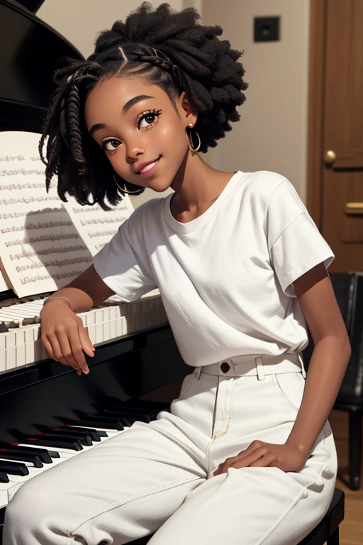 (masterpiece, best quality), deep ebony 1girl, beautiful face, short Afro braids , cute, , beautify, Lofi vibe,, cute night vibe, concentrated, hands outside of the picture, music studio, piano on the background, , dressed smartly, white shirt , white trousers , not sexy, cute look, clothing is dry and baggy, small breasts, teen vibe, cute smile, sitting next to a piano, don’t show hands on the picture