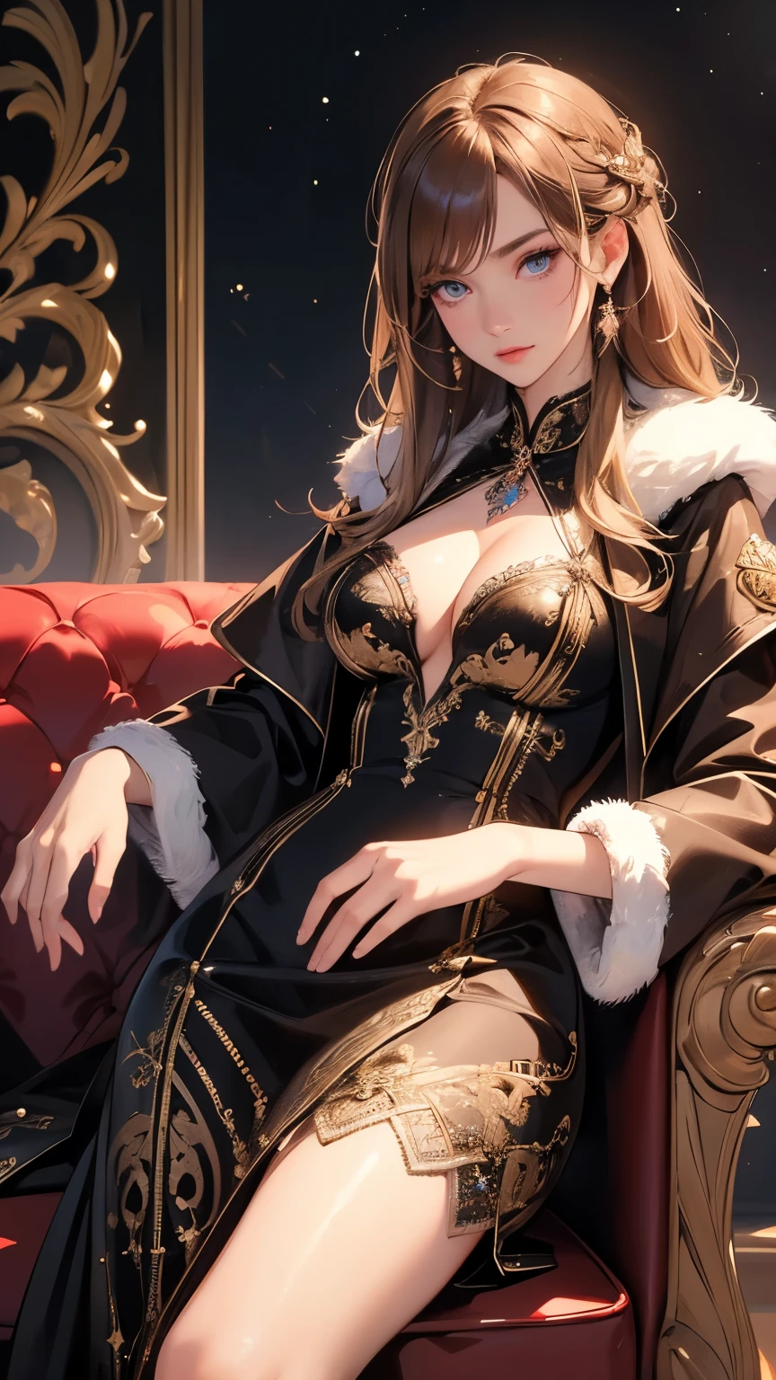 ((best quality)), ((masterpiece)), (detailed), perfect face, perfect detailed eyes, perfect detailed face, ultra-detailed nose, rich waist-length hair, silk dress, (fur coat, mink fur), red high heels, Moist eyes, Brilliance, Gorgeous women, high-class prostitutes, cowboy shot, Starry sky, Sitting on the couch