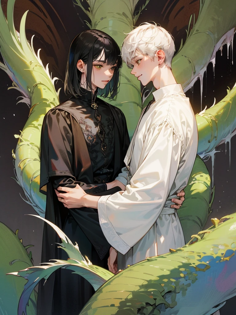 (((photographic, photo, photogenic))), extremely high quality high detail RAW color photo, Lovecraftian cybernetic horror, watercolor, otherworldly textures , high quality, detailed, 
young man , 4K UHD, super detail, best quality, detailed eyes, masterpiece, 2 young men who smiles at each other with a love atmosphere ,one of them is 21years old and has a white straight short hair and green beautifull eyes this men smiles a sweet smile with quiet expression and beautiful smile and he wears a cute outfit,the second men is taller than the previous one and he is 27year and this men has acblack semi long haircut and yellow eyes and has a quiet expression face and he has a sharp eyes and wears a black clothes,high resolutions 