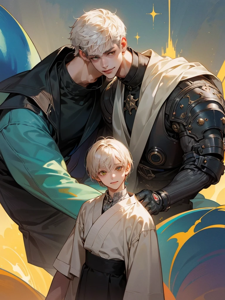 (((photographic, photo, photogenic))), extremely high quality high detail RAW color photo, Lovecraftian cybernetic horror, watercolor, otherworldly textures , high quality, detailed,
young man , 4K UHD, super detail, best quality, detailed eyes, masterpiece, 2 young men who smiles at each other with a love atmosphere ,one of them is 21years old and has a white straight short hair and green beautifull eyes this men smiles a sweet smile with quiet expression and beautiful smile and he wears a cute outfit,the second men is taller than the previous one and he is 27year and this men has acblack semi long haircut and yellow eyes and has a quiet expression face and he has a sharp eyes and wears a black clothes,high resolutions