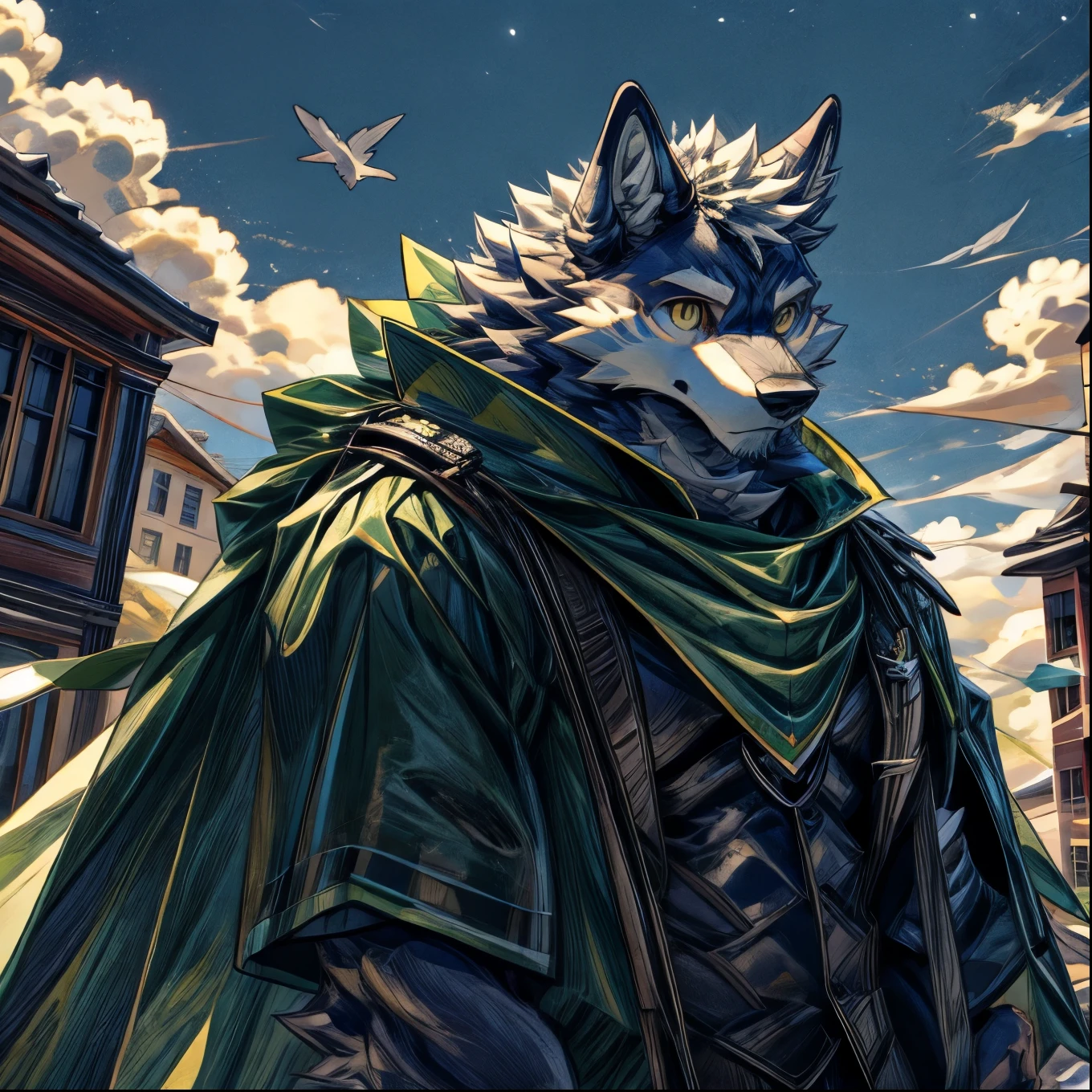 masterpiece,furry,high quality,hairy,Wolf,Gray fur,Yellow eyes,Green Travel Cape,look up,daytime,Clouds in the sky,Different World Town,The roof of the building,Curious face,Perfect background