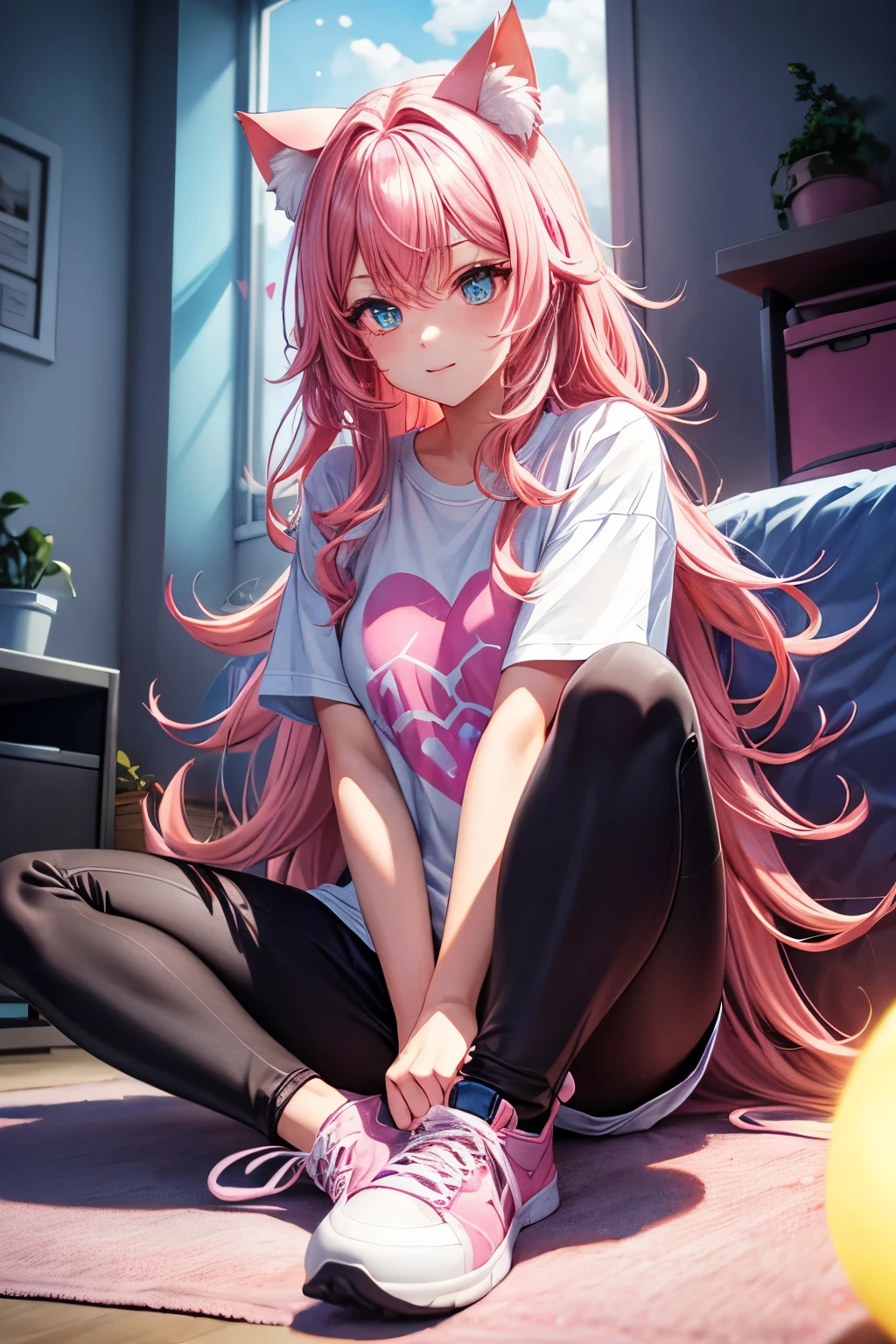 Best Quality, High Definition, Perfect Human Structure, Iridescent Hair, Glowing Hair, Cat Ear, Fun, Near Future, Bedroom, Heart Shape Eyes, Pink Hair, Wavy Hair, Glowing Hair, T-shirt, Sneakers 