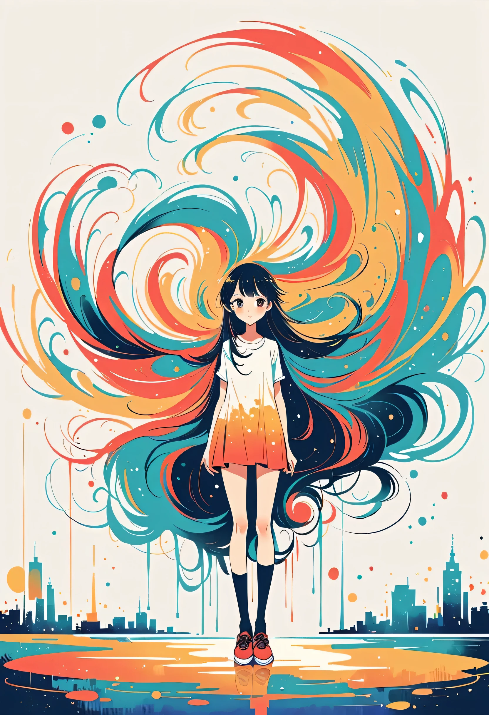 Watase Seizo style, Standing in front of a high wall,Simple Line Initialism,Abstract art,Urban Background, (((The most beautiful girl))),