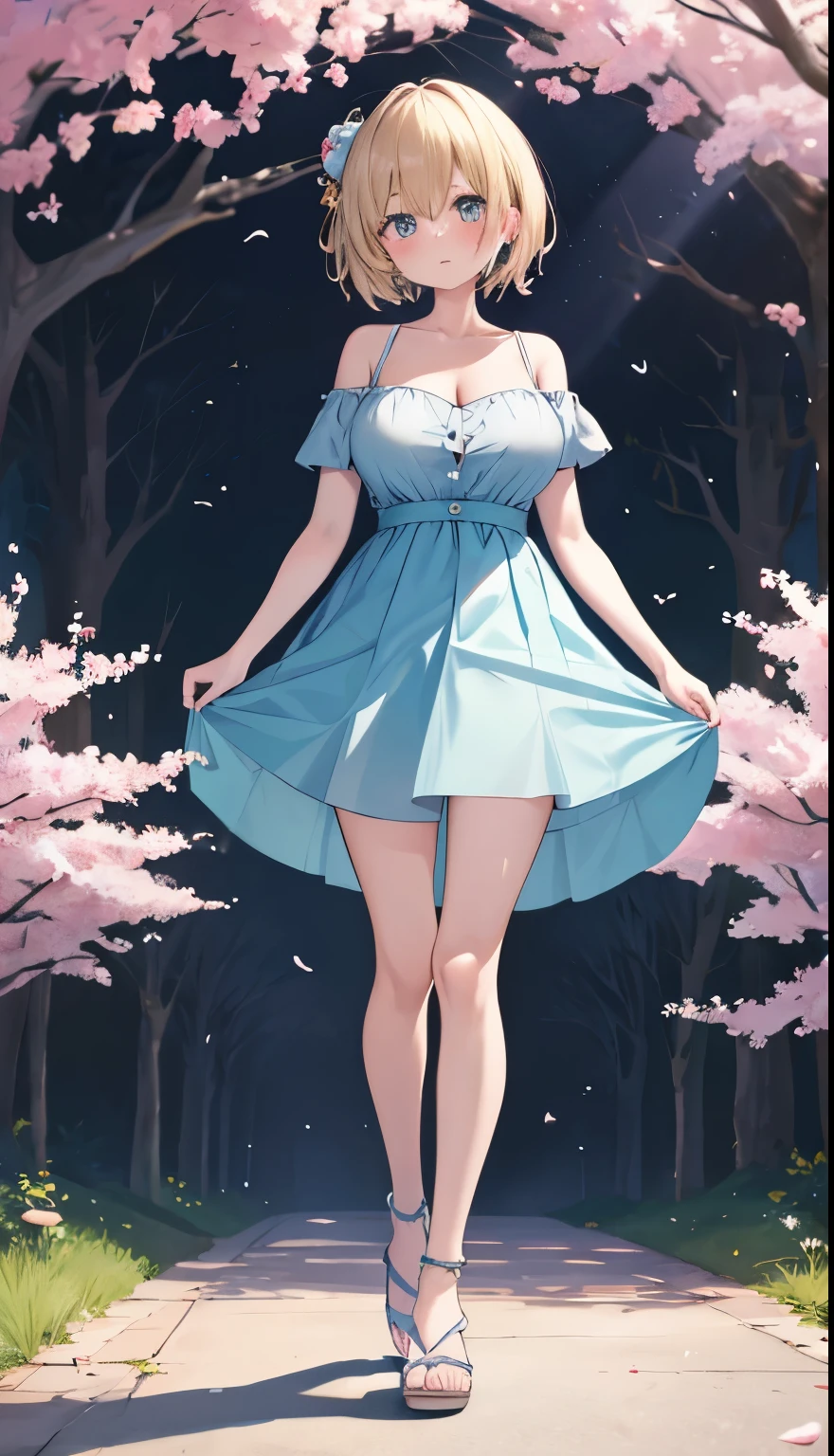 One Girl、positive、Standing posture、Full body portrait、、blush、Absolute area、No panties、No bra、barefoot、Light blue dress、Off-the-shoulder dress、（Very large breasts）、Cleavage、((Lesbians around the world))、masterpiece、（highest quality）、、White heel sandals、Shirt buttons fly off、Unbutton your shirt、Exposing the breasts、Cherry blossom trees、Skirt Front Lift