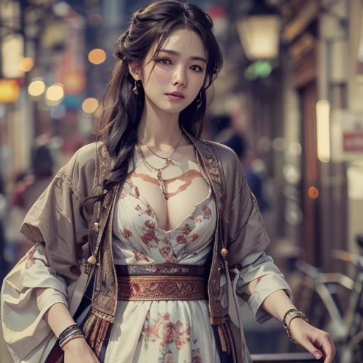 Ride an Antique Bicycle on Baker Street 、Hair flow、 ((highest quality、masterpiece、8k、Best image quality、Ultra-high resolution、Award-winning works)、(Accurate :1.1)、(Look at me and smile:1.1)、Shining fair skin with Ultra-high resolution、The most detailed face、Ultra-high resolution detailed face、Ultra-high resolutionの髪の毛、(Ultra-high resolutionの煌めく瞳:1.1)、Beautiful face drawn in every detail、(Blurred Background:1.1)、Ancient Islamic clothing,  to , tattoo,