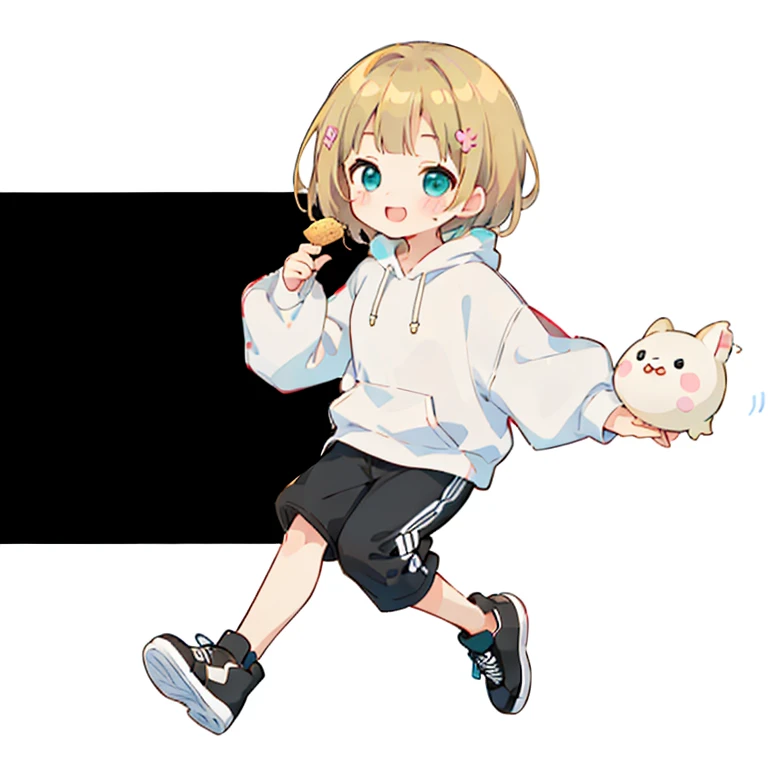 Momoko Sakura style, Kawaii Design, (((Many people々)))、The most beautiful girl of all time、Little, Blonde Hair、Short Mash Hair、The front hair is even、Turquoise Eyes、White hoodie、Black hot pants、Black sneakers、He has food stuffed in his cheeks and looks happy.、breast enhancement、I puff out my cheeks