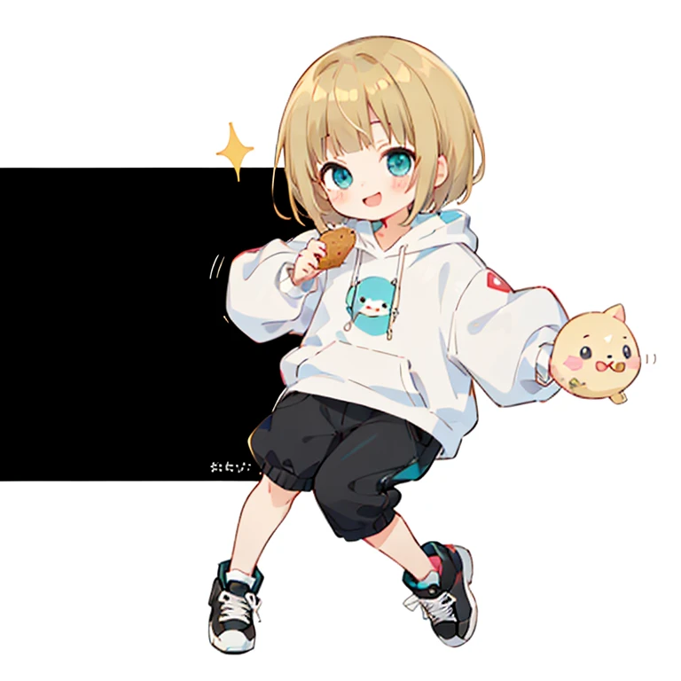 Momoko Sakura style, Kawaii Design, (((Many people々)))、The most beautiful girl of all time、Little, Blonde Hair、Short Mash Hair、The front hair is even、Turquoise Eyes、White hoodie、Black hot pants、Black sneakers、He has food stuffed in his cheeks and looks happy.、breast enhancement、I puff out my cheeks