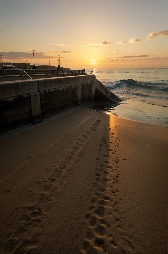 Draw a sea embankment where people walk at sunset