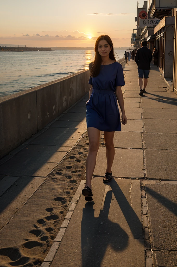 Draw a sea embankment where people walk at sunset
