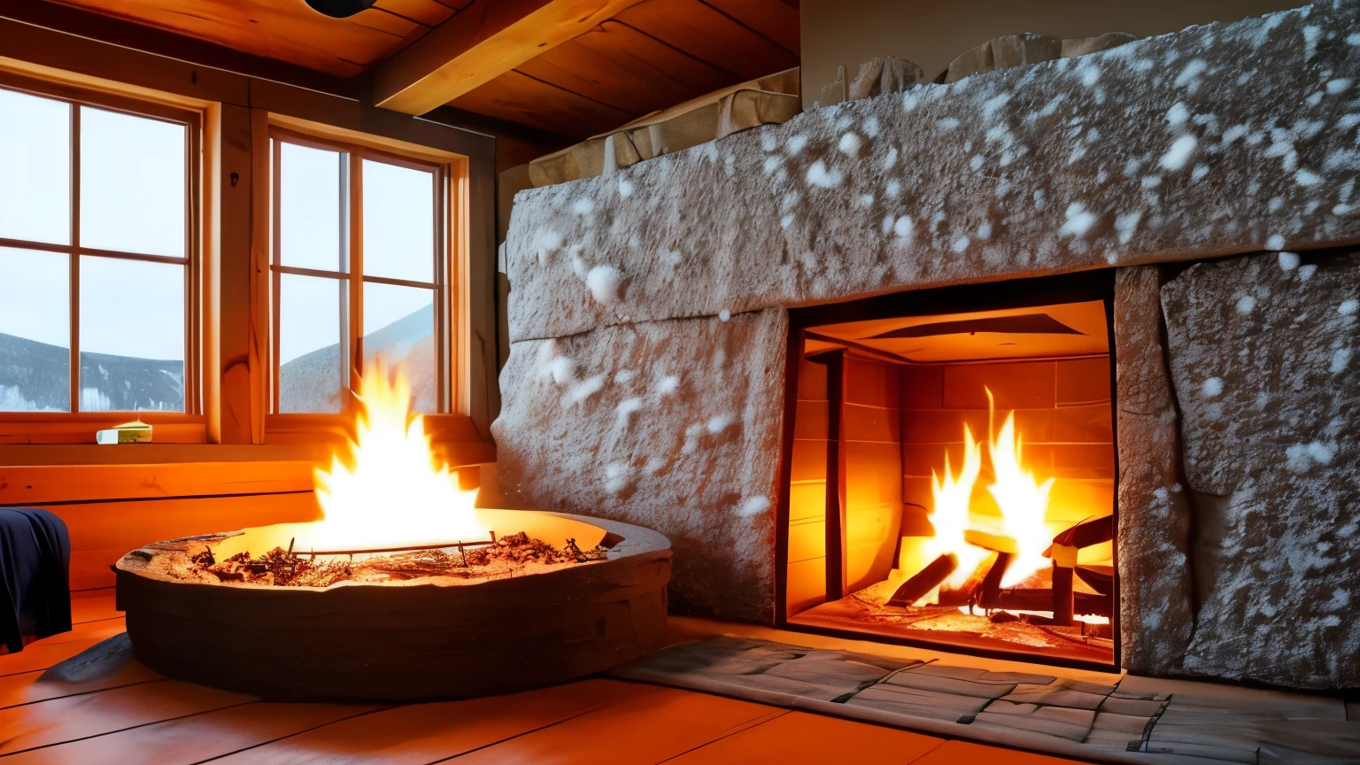 Room with a big bed, like a cave, cozy place, cozy room, snow cave, comfortable environment, Hobbit hole interior, Window corner, in his hobbit house, cozy atmosphere, Comfortable comfortable and beautiful, small house, comfortable environment, inside a cozy house, cozy atmosphere, comfortable and calm, comfortable and peaceful atmosphere, wood burning fireplace with a burning fire, inside It's snowing outside.