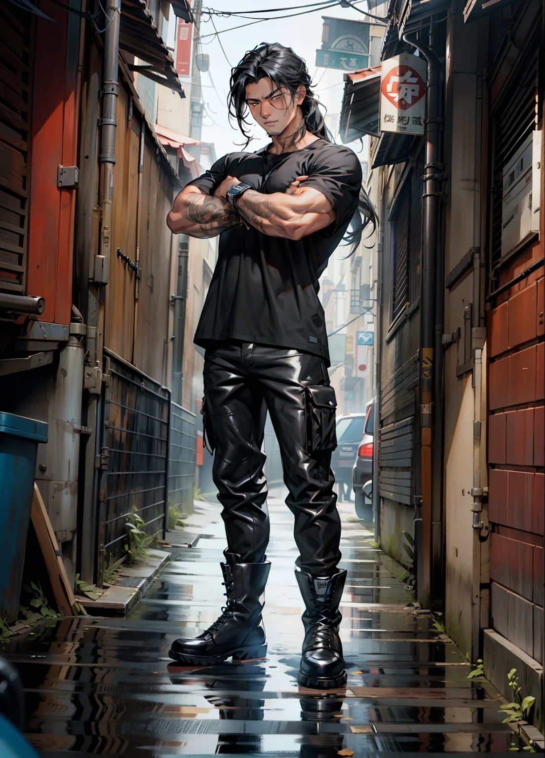 1boys, 26 Years old, detail face, muscular, black hair, long flowing hair, muscular, wearing ((black shirt)), black pants, high cut boots, standing