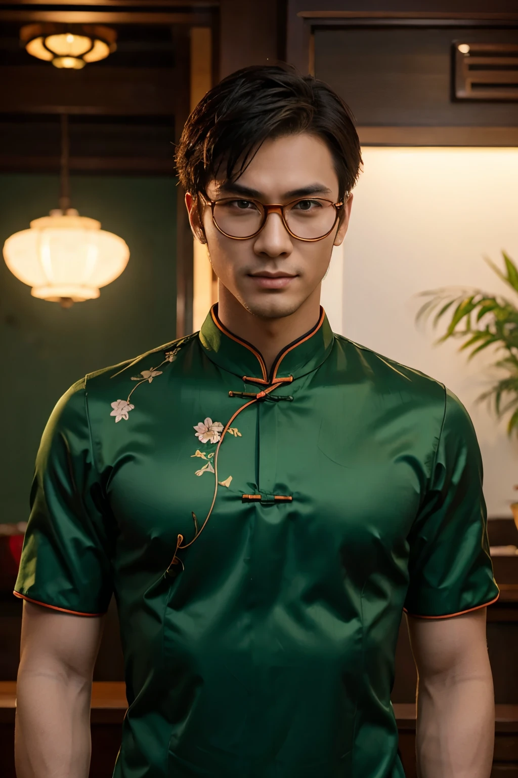 Male anime, handsome and elegant, wearing a green Chinese cheongsam. Wear orange glasses