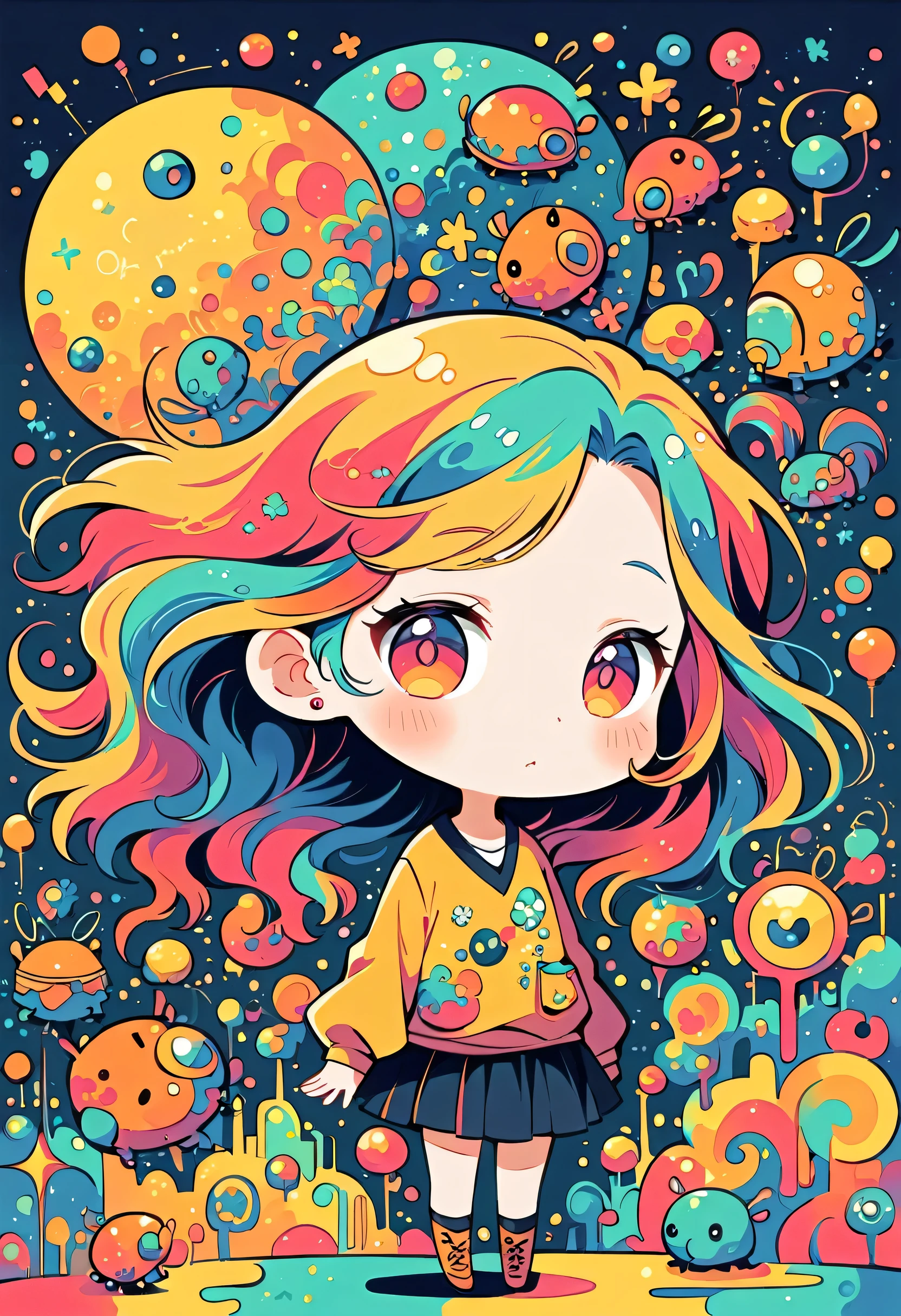 Watase Seizo style, Standing in front of a high wall,Simple Line Initialism,Abstract art,Urban Background, (((The most beautiful girl))), (((chibi))), Cute and colorful pillbugs