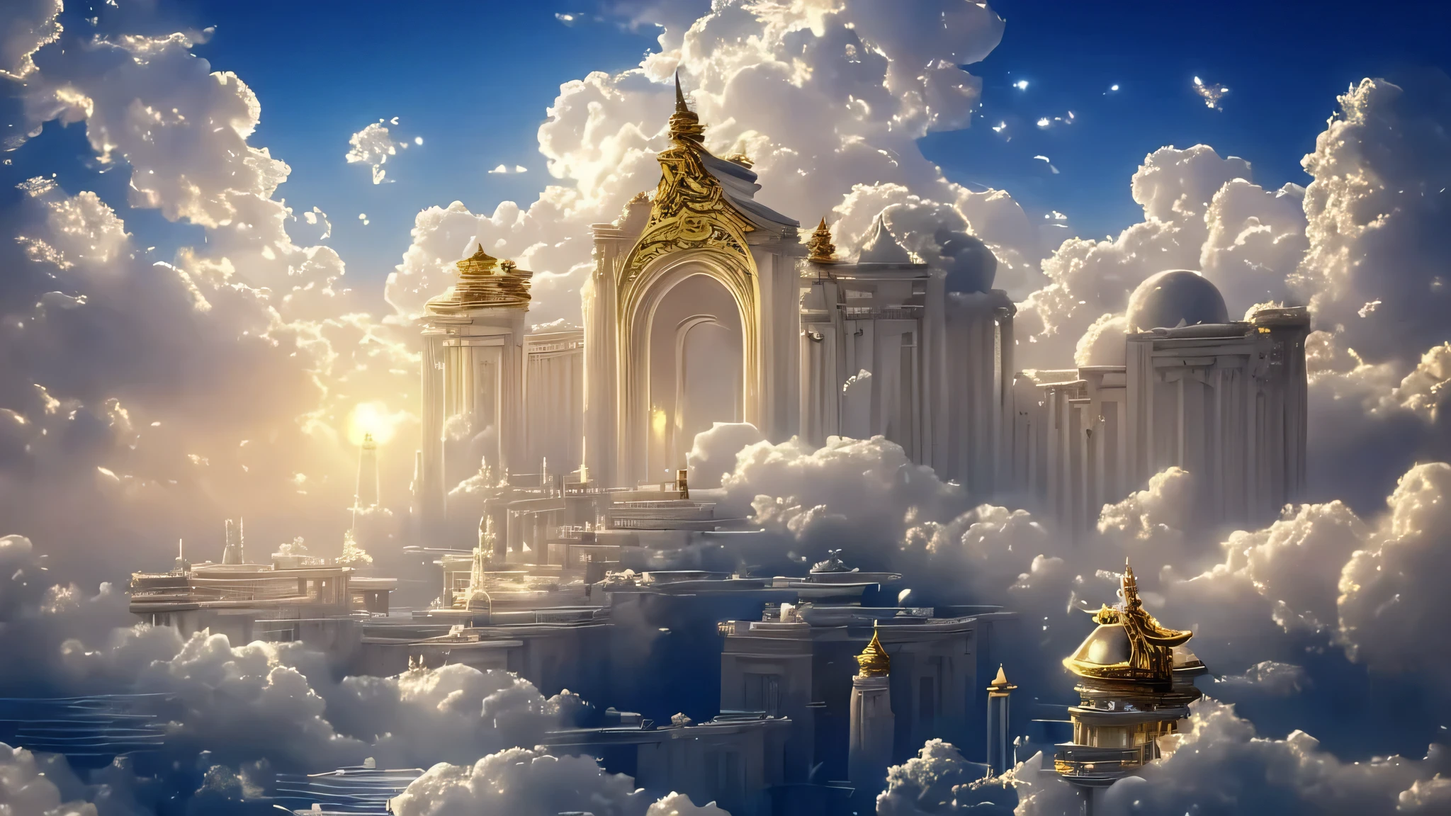 Cloud World, Angels fly around, Majestic gate and pillars, sun、Moon and Stars, In heaven, 
masterpiece, highest quality, Super detailed, 
Sidon, Sidon Style
(Realistic), Very delicate and beautiful, Depth of written boundary, Film Grain, Professional Lighting, 
Photon Mapping, Radio City, Physically Based Rendering,