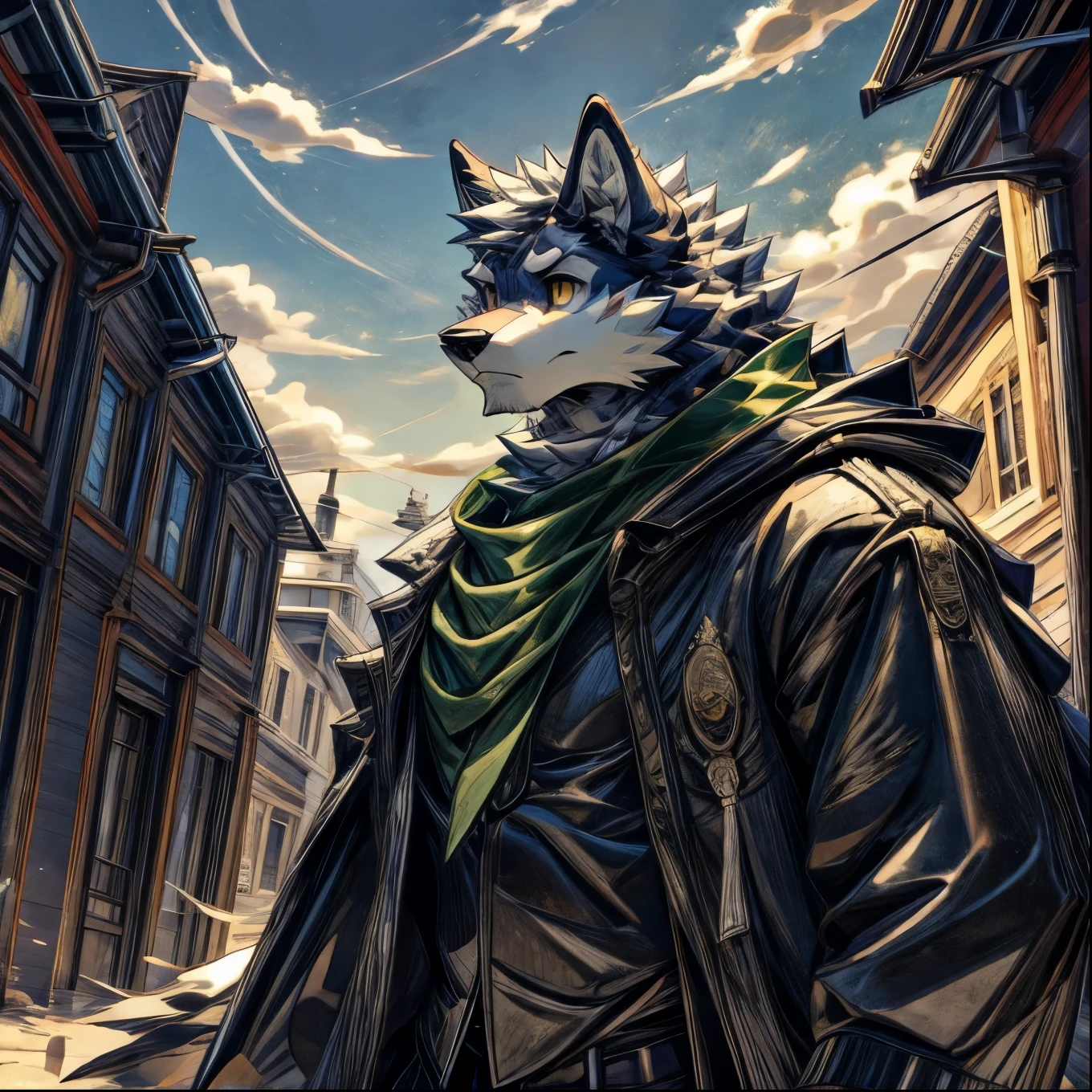masterpiece,high quality,hairy,Wolf,Gray fur,Yellow eyes,Green Travel Cape,look up,daytime,Clouds in the sky,Different World Town,The roof of the building,Curious face,Perfect background