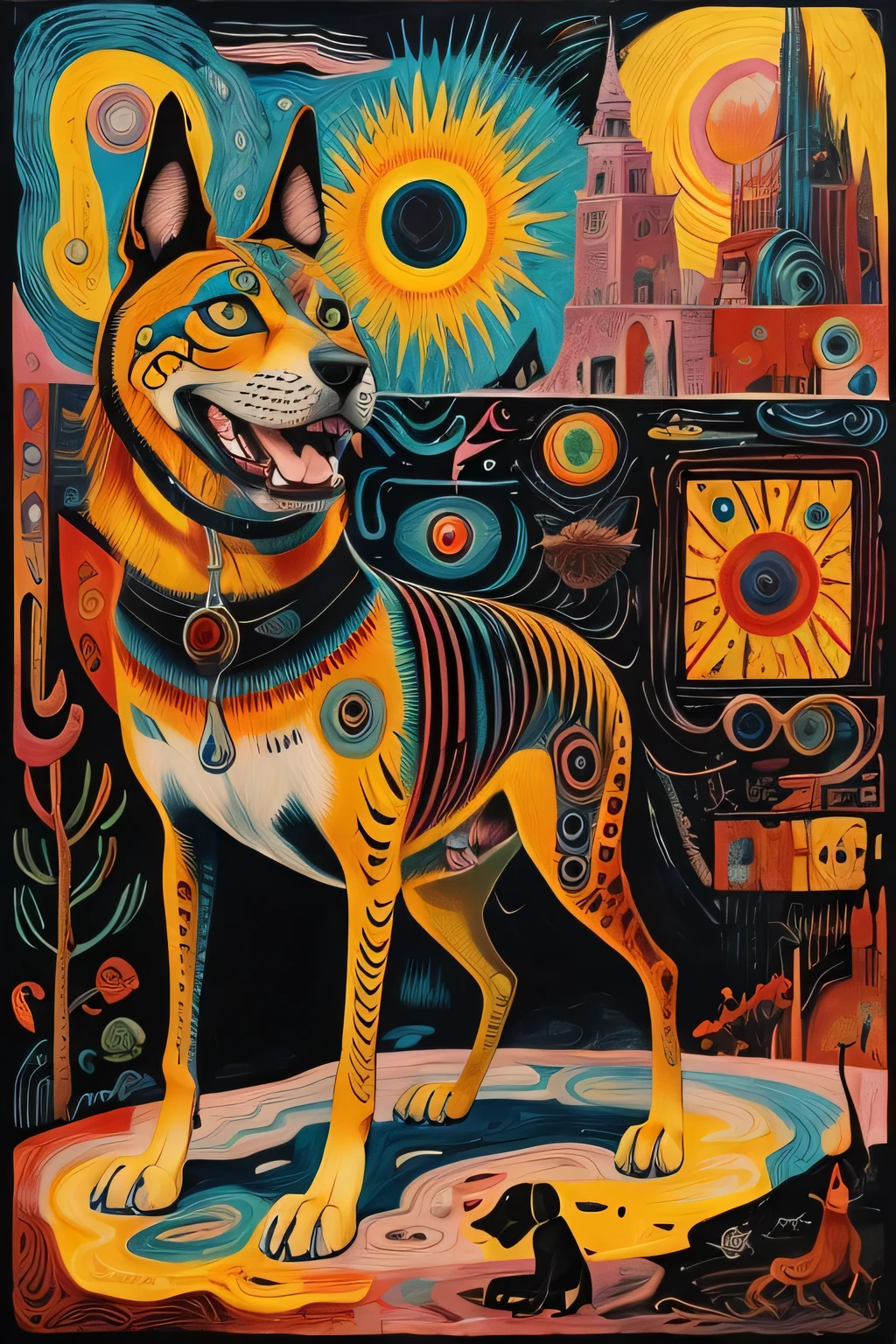 1 dog、Surreal,Tuyawan,Abstract,Doodle Art, Surreal painting of a beast by Beyond、Masterpiece、surreal texture、(Surrealism:1.4)