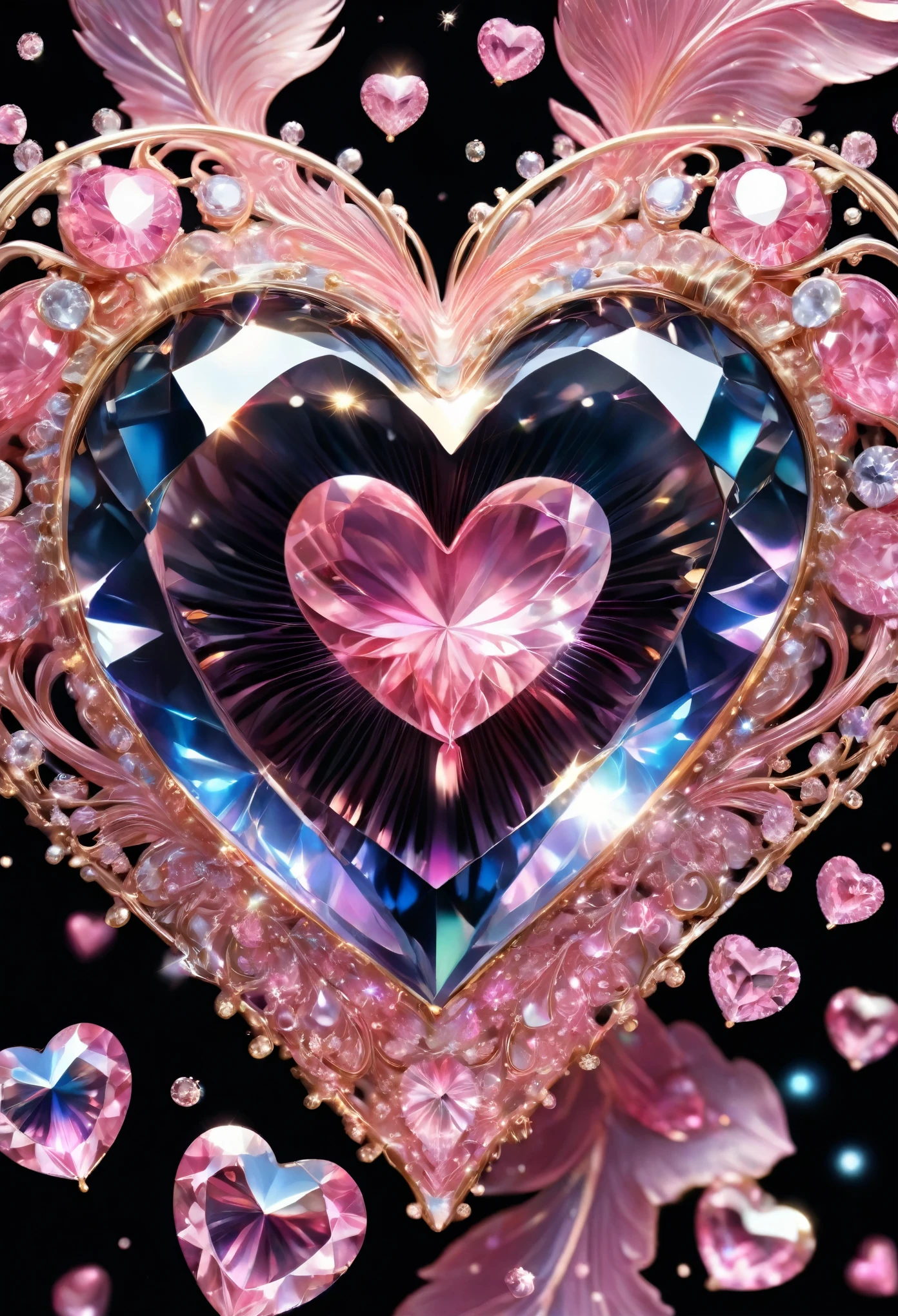 Masterpiece, Committed to ultra-high definition and vivid colors, Super detailed, Attention to detail, highest quality, 8K, 16K, Exquisite detail, A style that combines romanticism and realism, High resolution, Perfect Anatomy, Pink heart illustration, Black background, Sparkling with crystals, 