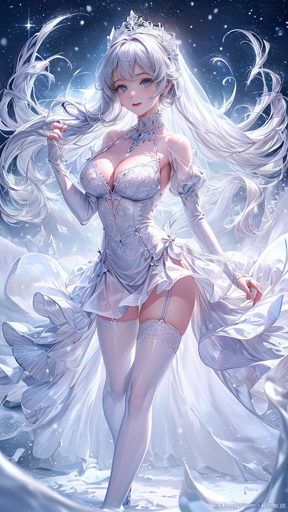 ((Highest quality))((Delicate details))((Slender girl))((Highest quality))Snow White、Princess、((Distinguished adult woman))、Late Night、((big breasts))White long dress、((Powdery snow weather))((White garter stockings))((Giant snow castle))Snowfield、((Standing in a snowy field))、((Pure white skin))((Very gorgeous crystal necklace))((A slim, skin-tight dress))((Snowy Night))Crystal of snow、Smiling Face