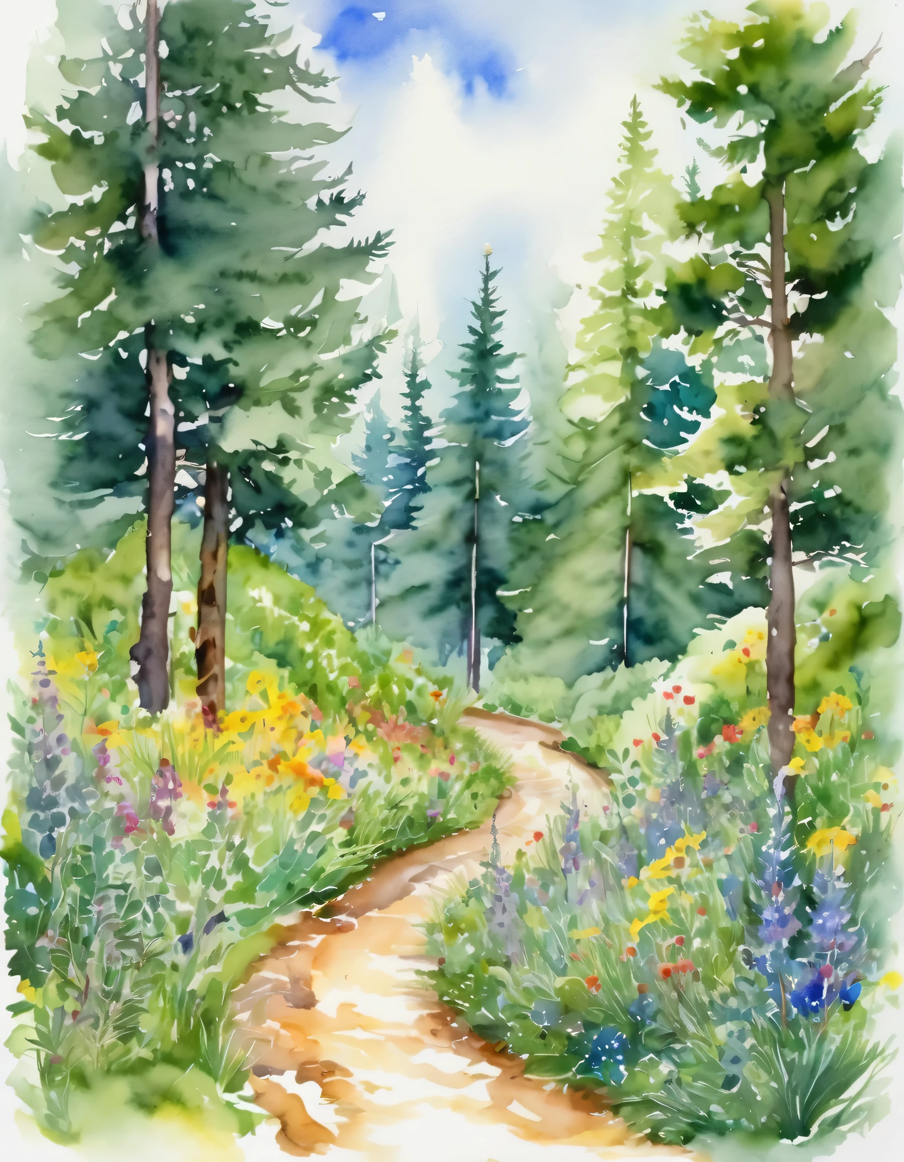 summer, Mixed forest, very narrow curved path, Christmas tree with wide branches, beautiful, wildflowers, Watercolor, sharp lines