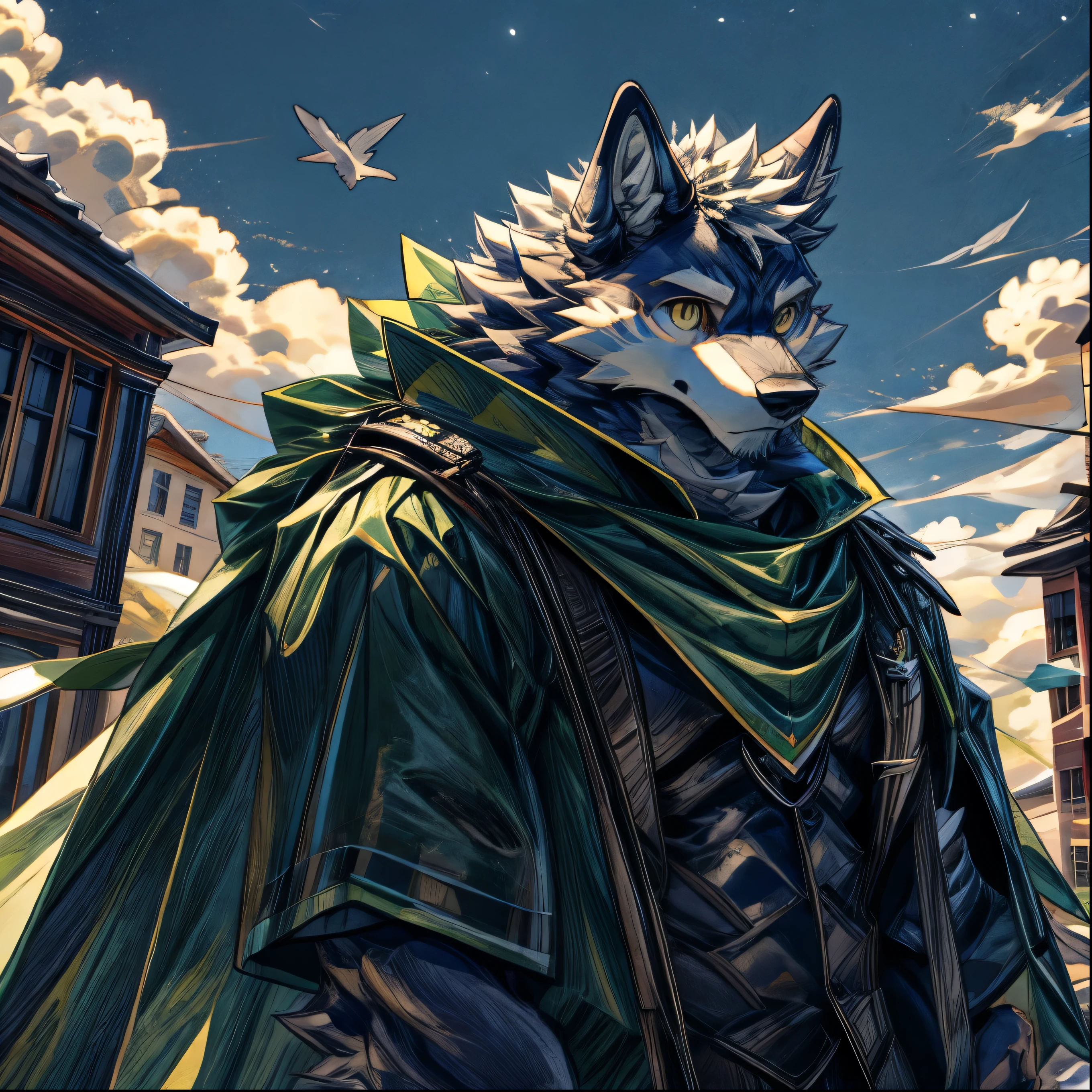 masterpiece,furry,high quality,hairy,Wolf,Gray fur,Yellow eyes,Green Travel Cape,look up,daytime,Clouds in the sky,Different World Town,The roof of the building,Curious face,Perfect background