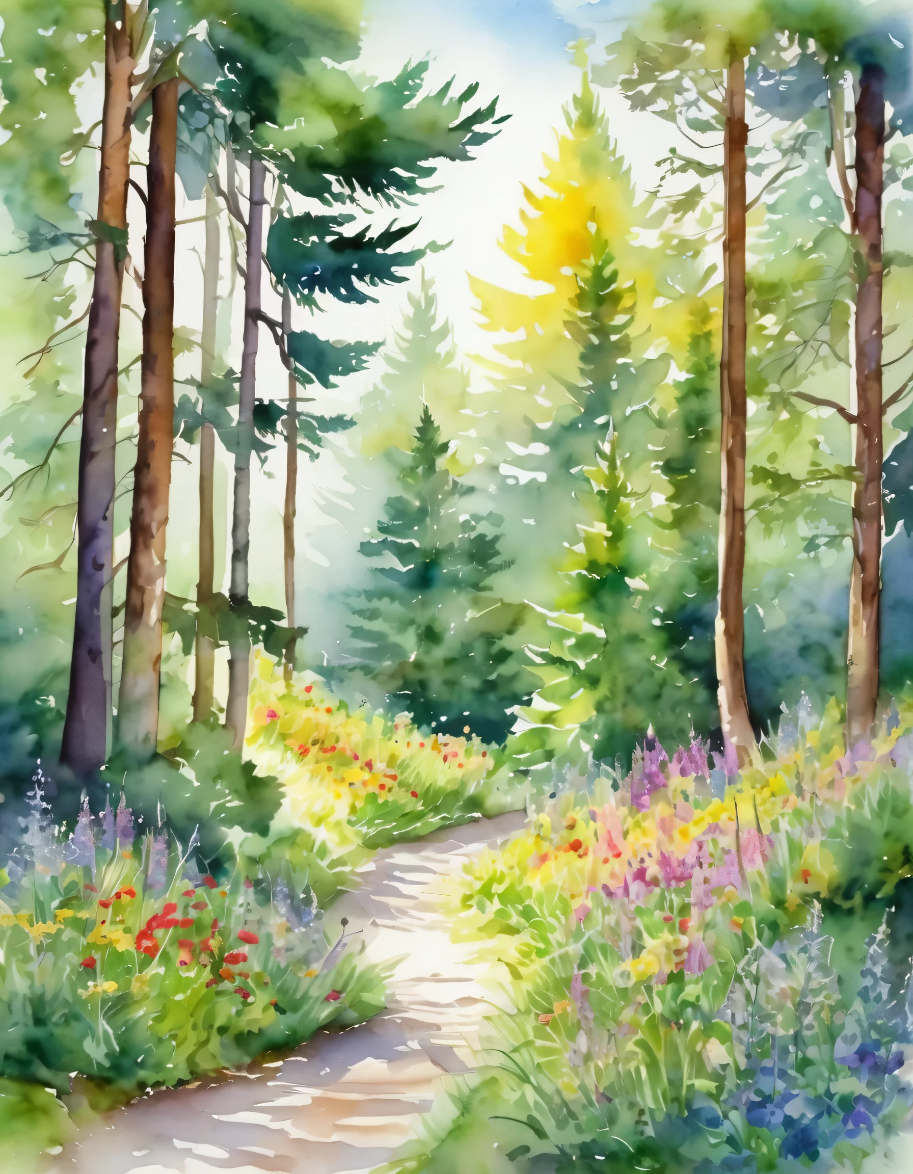 summer, Mixed forest, very narrow curved path, Christmas tree with wide branches, beautiful, wildflowers, Watercolor, sharp lines