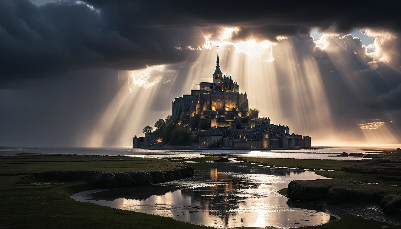 a dramatic landscape, Le Mont-Saint-Michel, dramatic clouds, sun shining through clouds, cinematic lightning, dramatic lighting, hyper-realistic, photorealistic, 8k, extremely detailed, intricate details, epic scale, dramatic atmosphere, moody lighting, cinematic composition, cathedral on a rocky island, medieval architecture, ancient stone walls, turrets and spires, reflection in water, windswept clouds, atmospheric fog, dramatic weather, stunning cityscape, awe-inspiring scenery, masterpiece, realistic, dramatic, cinematic