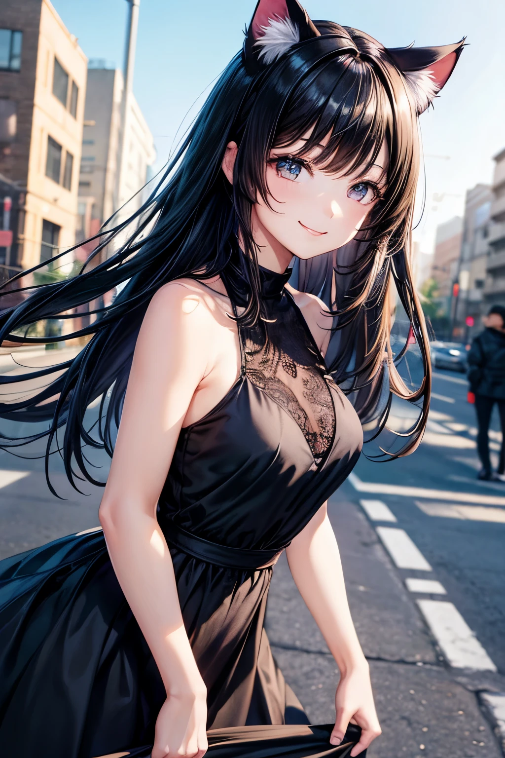 Top quality, high resolution, perfect human structure, background focus, cat ears, front view, shiny hair, black hair, urban, gradient eyes, flowing bangs, front angle, dress, smile
