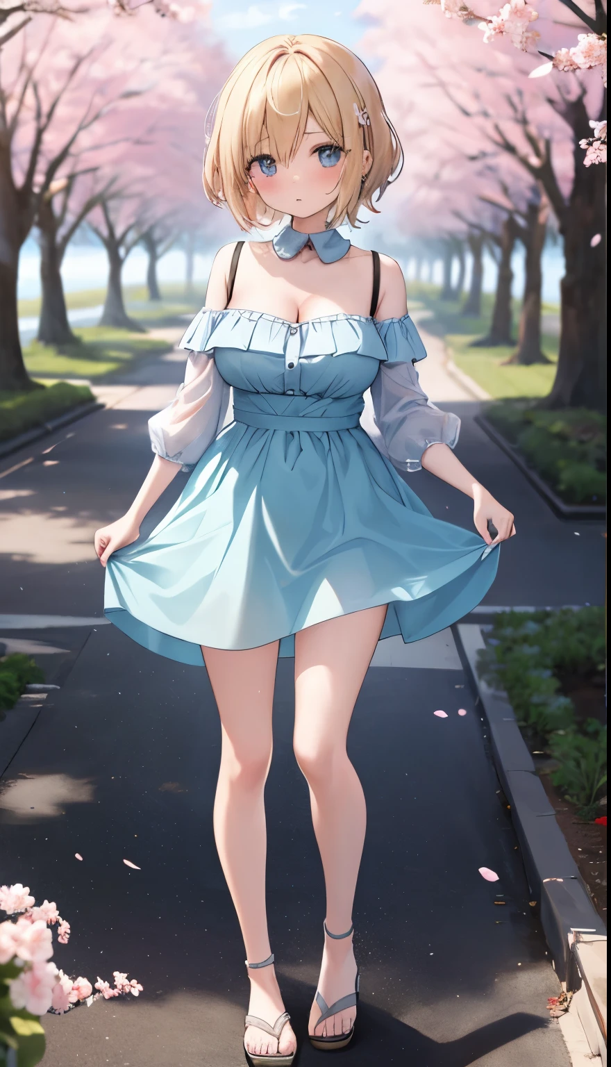 One Girl、positive、Standing posture、Full body portrait、、blush、Absolute area、No panties、No bra、barefoot、Light blue dress、Off-the-shoulder dress、（Very large breasts）、Cleavage、((Lesbians around the world))、masterpiece、（highest quality）、、White heel sandals、Shirt buttons fly off、Unbutton your shirt、Exposing the breasts、Cherry blossom trees、Skirt Front Lift