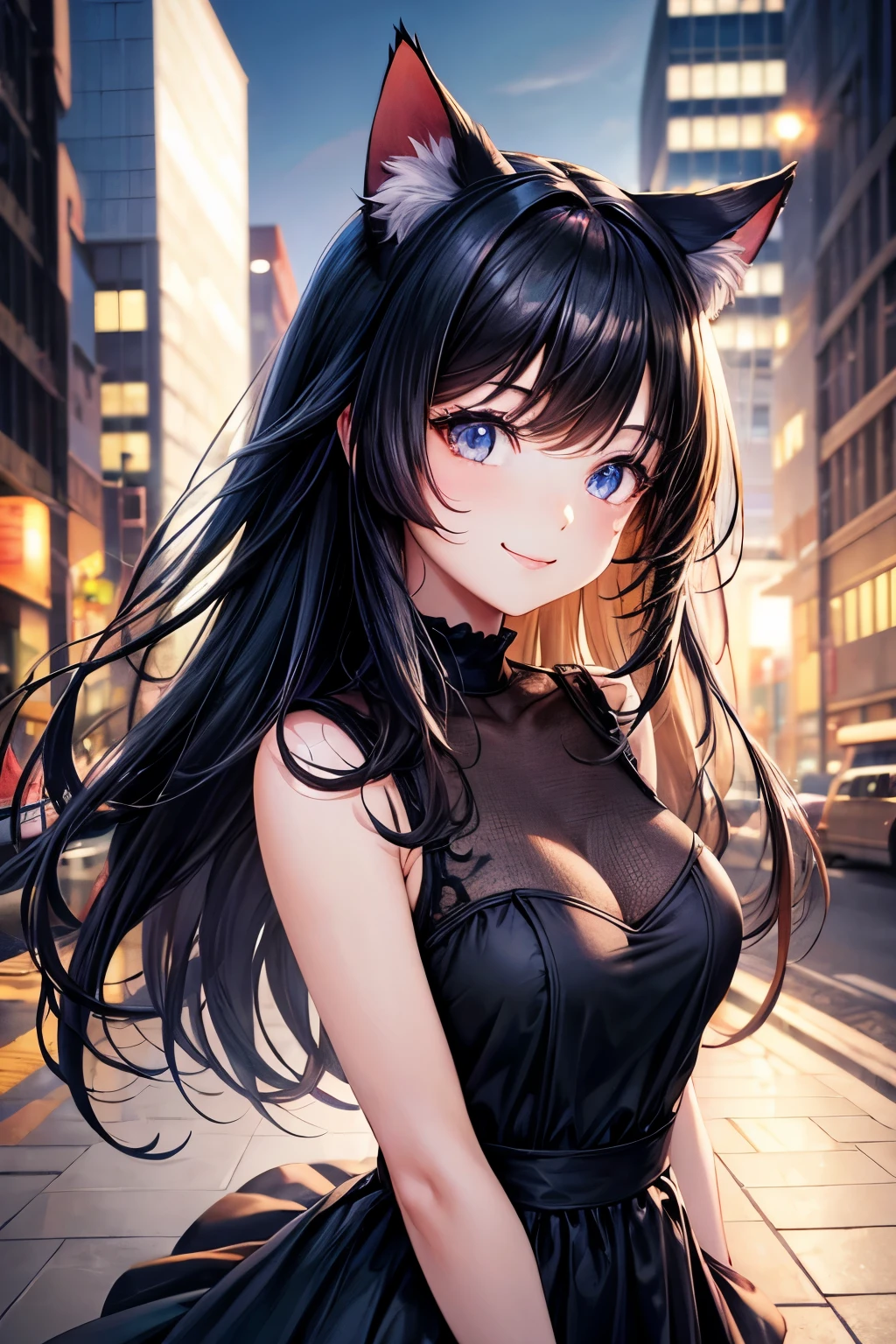 Top quality, high resolution, perfect human structure, background focus, cat ears, front view, shiny hair, black hair, urban, gradient eyes, flowing bangs, front angle, dress, smile