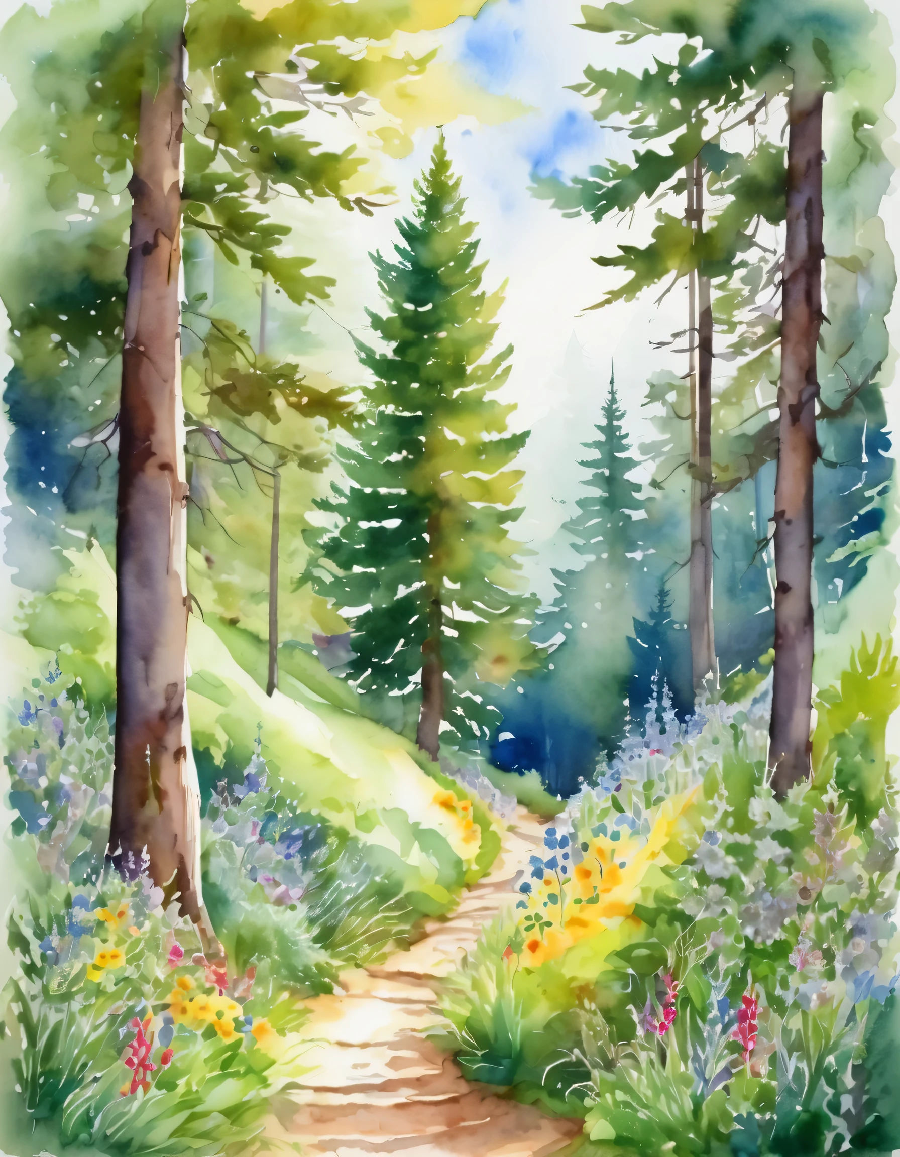 summer, Mixed forest, very narrow curved path, Christmas tree with wide branches, beautiful, wildflowers, Watercolor, sharp lines