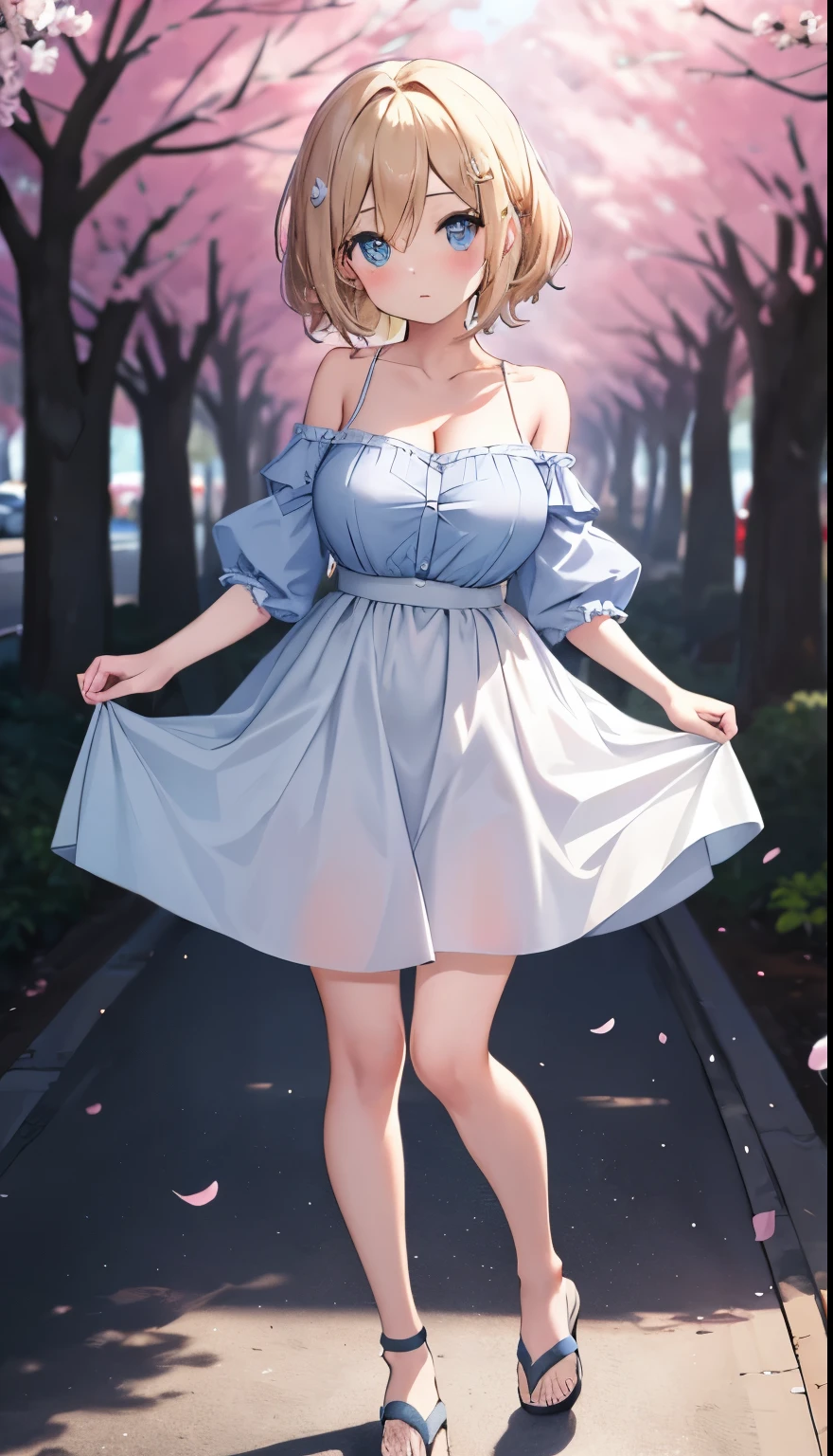 One Girl、positive、Standing posture、Full body portrait、、blush、Absolute area、No panties、No bra、barefoot、Light blue dress、Off-the-shoulder dress、（Very large breasts）、Cleavage、((Lesbians around the world))、masterpiece、（highest quality）、、White heel sandals、Shirt buttons fly off、Unbutton your shirt、Exposing the breasts、Cherry blossom trees、Skirt Front Lift