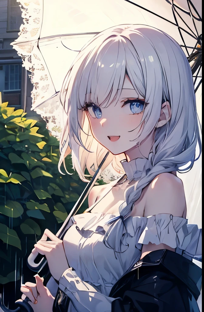 Masutepiece, Highest Quality, (Perfect face:1.1), (high detailing:1.1), (ultradetailed eyes), Dramatic,superfine illustration,Extremely detailed,1girl in,teenager,(pale skin),long white hair,Ethereal eyes,Blue eyes, With eyes highlights,Solo,Smile,Happy,Laugh,Enjoy, Open mouth,Pouty lips,Cinematic lighting, Cowboy Shot,whitedress, off shoulder,outdoor,rainy,garden,umbrella