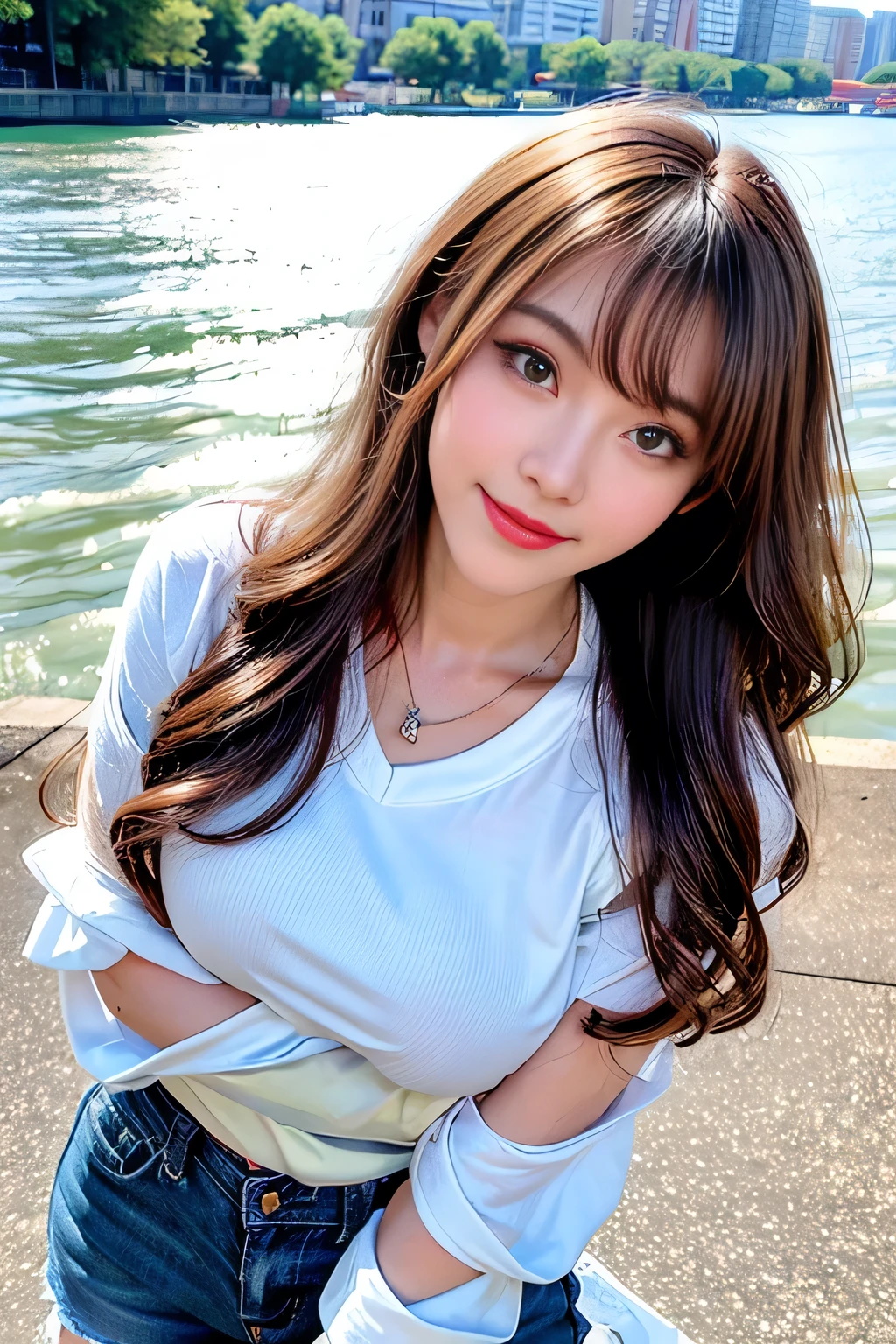 ((Full Body Angle))、((highest quality, 8K, masterpiece: 1.3)), concentrated: 1.2, Cute girl 1,Nipples erect、 Perfect beauty: 1.4,Cut and sewn T-shirt Raglan sleeve summer short sleeve T-shirt.Shorts: 1.2,Long sleeve、Randall Color、comics＆Text Graphics、Black ruffle-trimmed drawstring zip blouse,1.1, Highly detailed face and skin textures, Fine grain, double eyelid, whitening skin, ,highest quality,Ultra-high resolution,you,1 girl,alone,_Shiny_skin,Iris,necklace,((Brown_length_Wavy_hair)),(lips)),eyelash,Front hair,deal with,compensate,Shiny,pore,skin texture,Large Breasts、smiling face、Front hair、River side、stroll、