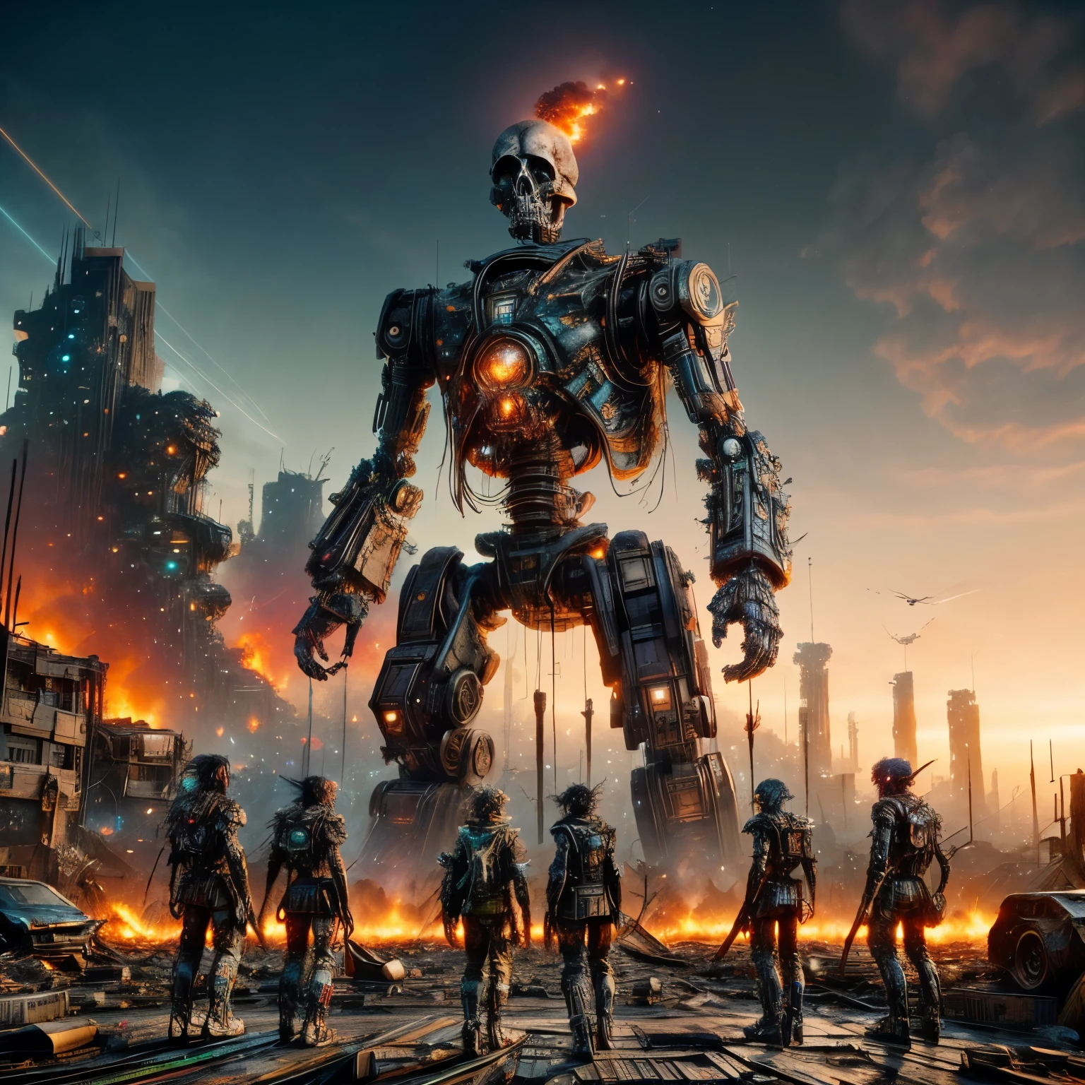 ThrashPunk Style, sky, giant trashpunk robot with robotic skull head destroying fire,scorched buildings,Ashes in the air,epic scene with fire,building,Star (sky),Landscape,Science fiction,6+Boys,city,giant,spaceship,cyberpunk,6+others,night,Epic Lights,cation scene,
 