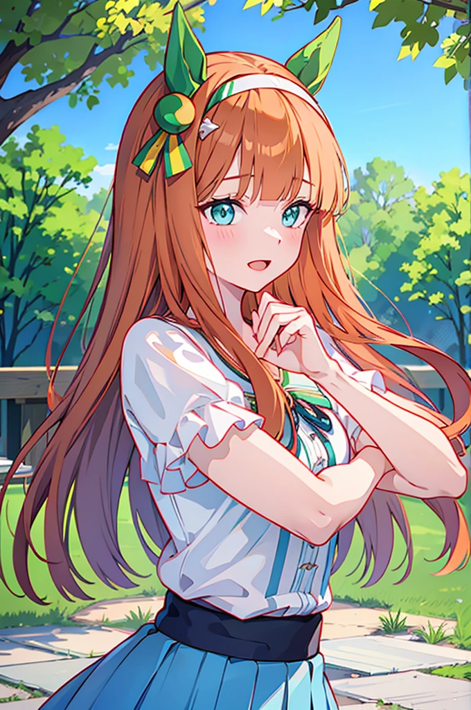 silence suzuka (umamusume), 1girl, solo, long hair, looking at viewer, blush, smile, open mouth, bangs, skirt, shirt, animal ears, green eyes, white shirt, short sleeves, hairband, blunt bangs, twitter username, orange hair, blue skirt, horse ears, own hands together, horse girl, interlocked fingers, ear covers