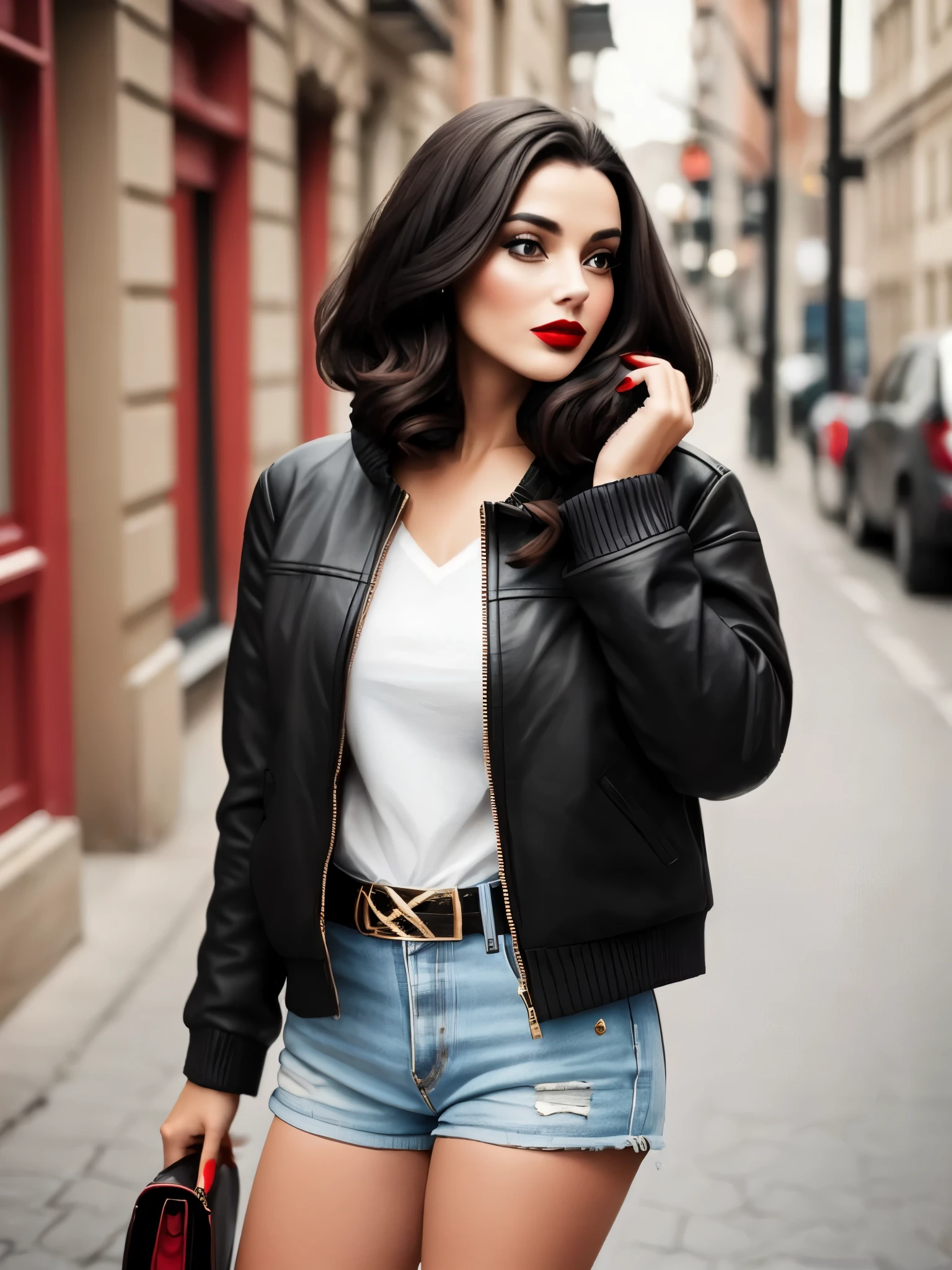 A woman with dark hair and red lipstick, vestida con una chaqueta y falda de cuero negras, dejando al descubierto su escote.