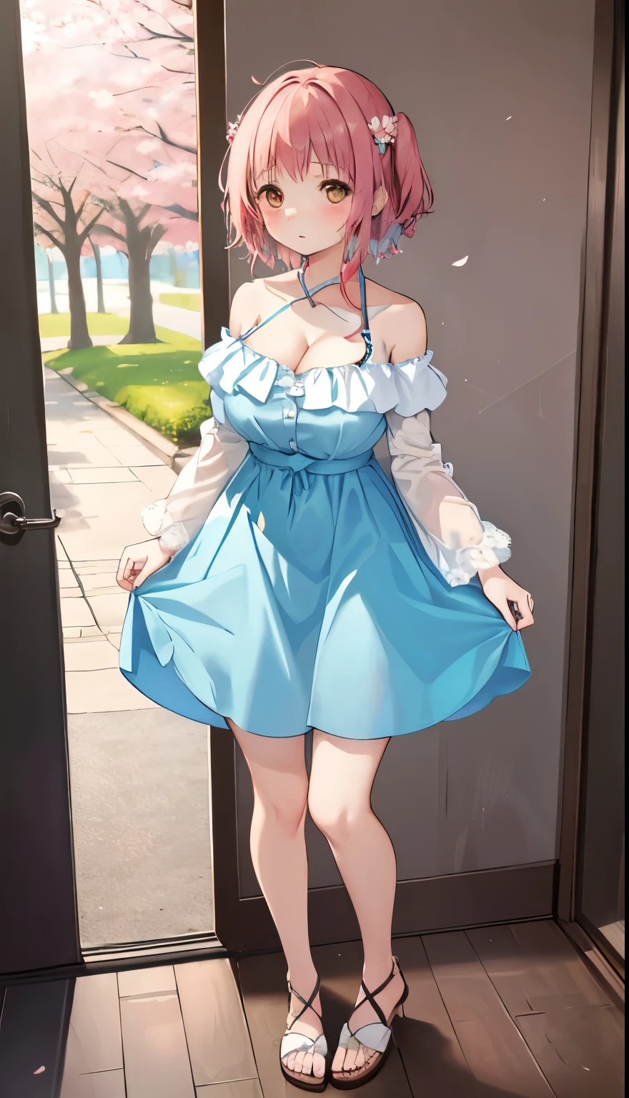 One Girl、positive、Standing posture、Full body portrait、、blush、Absolute area、No panties、No bra、barefoot、Light blue dress、Off-the-shoulder dress、(Very large breasts)、Cleavage、((Lesbians around the world))、masterpiece、(highest quality)、、White heel sandals、Shirt buttons fly off、Unbutton your shirt、Exposing the breasts、Cherry blossom trees、Skirt Front Lift