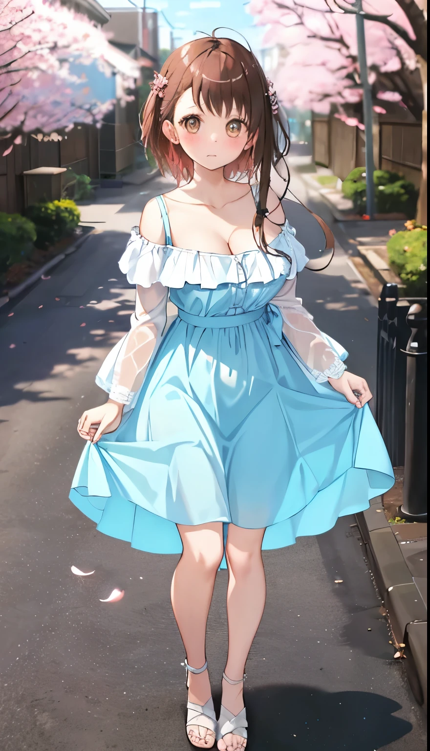 One Girl、positive、Standing posture、Full body portrait、、blush、Absolute area、No panties、No bra、barefoot、Light blue dress、Off-the-shoulder dress、（Very large breasts）、Cleavage、((Lesbians around the world))、masterpiece、（highest quality）、、White heel sandals、Shirt buttons fly off、Unbutton your shirt、Exposing the breasts、Cherry blossom trees、Skirt Front Lift