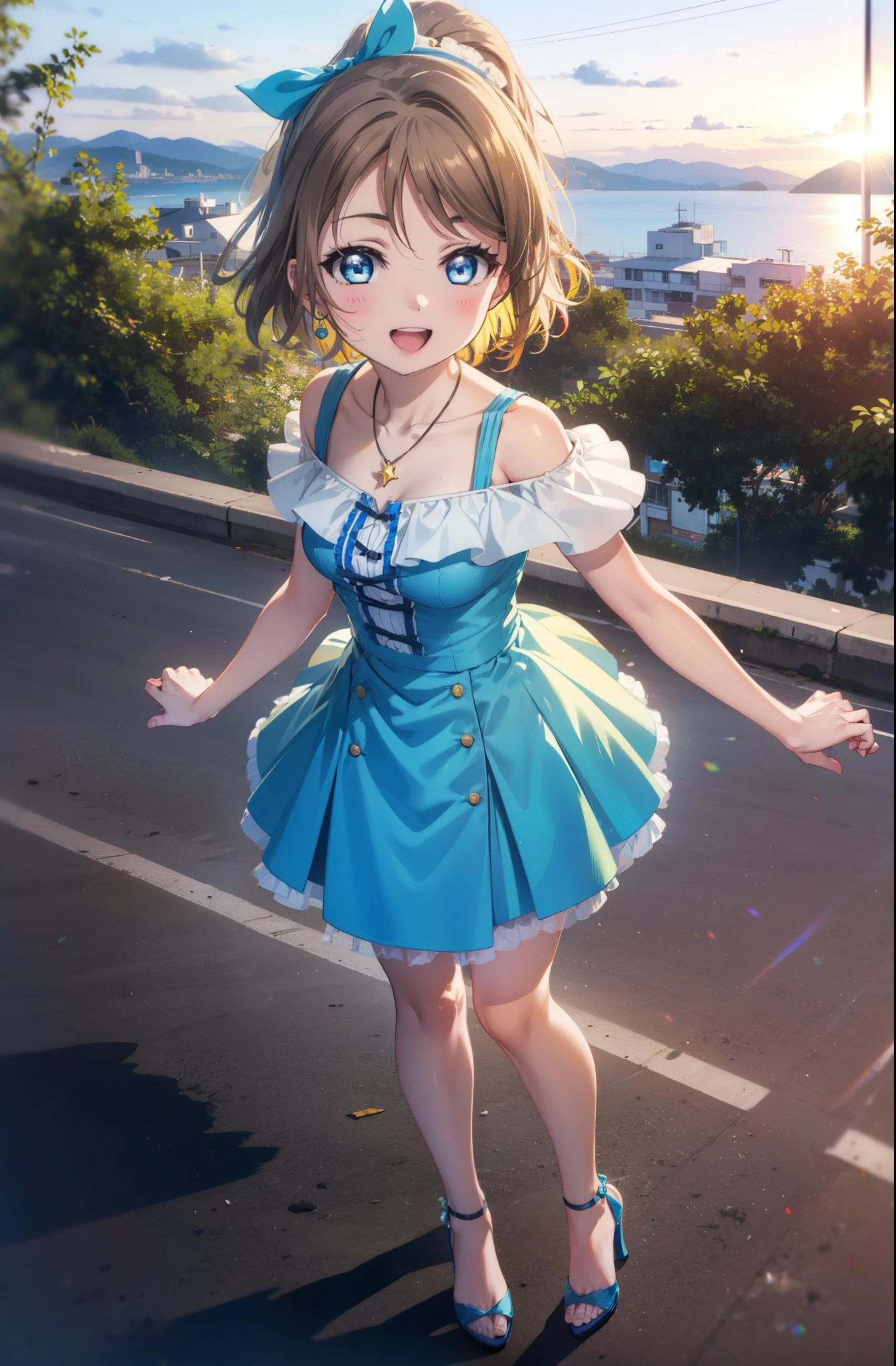 Yo Watanabe, Yu Watanabe, short hair, blue eyes, Brown Hair, smile, happy smile, smile, Open your mouth,Orange hair band,Rocket Pendant,Off-the-shoulder blue dress,Bare neck,Exposing shoulders,bare clavicle,blue long skirt,Cute stiletto heels,evening,sunset,walk,The sun goes down,whole bodyがイラストに入るように,Looking down from above,
break outdoors, Coastal Road,construction area,
break looking at viewer, whole body,
break (masterpiece:1.2), highest quality, High resolution, unity 8k wallpaper, (shape:0.8), (Beautiful details:1.6), Highly detailed face, Perfect lighting, Extremely detailed CG, (Perfect hands, Perfect Anatomy),