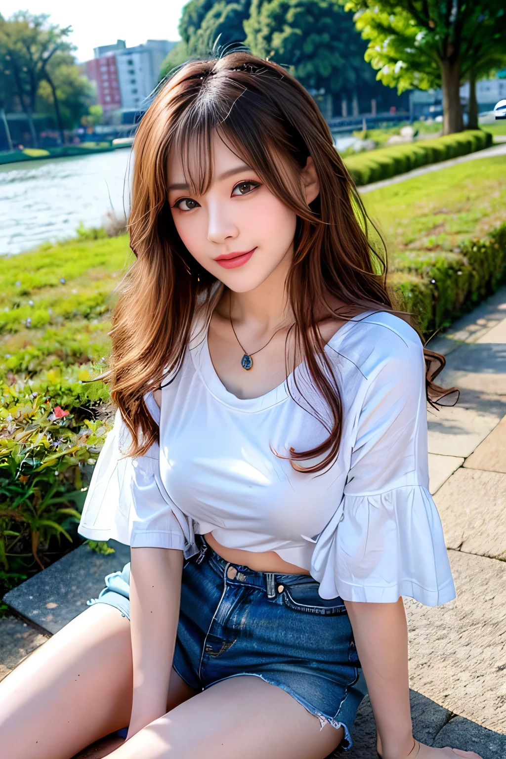 ((Full Body Angle))、((highest quality, 8K, masterpiece: 1.3)), concentrated: 1.2, Cute girl 1,Nipples erect、 Perfect beauty: 1.4,Cut and sewn T-shirt Raglan sleeve summer short sleeve T-shirt.Shorts: 1.2,Long sleeve、Randall Color、comics&Text Graphics、Black ruffle-trimmed drawstring zip blouse,1.1, Highly detailed face and skin textures, Fine grain, double eyelid, whitening skin, ,highest quality,Ultra-high resolution,you,1 girl,alone,_Shiny_skin,Iris,necklace,((Brown_length_Wavy_hair)),(lips)),eyelash,Front hair,deal with,compensate,Shiny,pore,skin texture,Large Breasts、smiling face、Front hair、River side、stroll、
