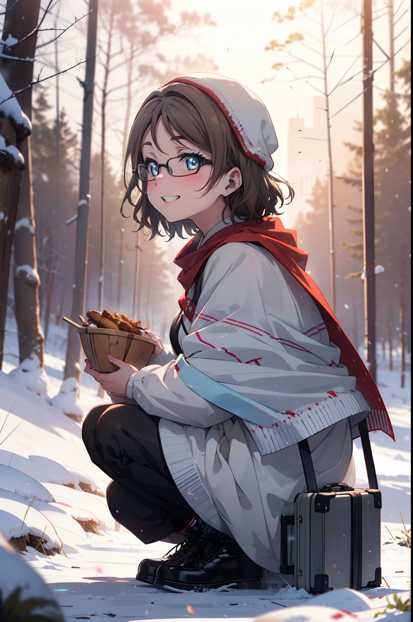 Yo Watanabe, Yu Watanabe, short hair, blue eyes, Brown Hair, smile, Grin,Medium Breast,Black-rimmed glasses,
Open your mouth,snow,Ground bonfire, Outdoor, boots, snowing, From the side, wood, suitcase, Cape, Blurred, having meal, forest, White handbag, nature,  Squat, Mouth closed, Cape, winter, Written boundary depth, Black shoes, red Cape break looking at viewer, Upper Body, whole body, break Outdoor, forest, nature, break (masterpiece:1.2), highest quality, High resolution, unity 8k wallpaper, (shape:0.8), (Beautiful and beautiful eyes:1.6), Highly detailed face, Perfect lighting, Extremely detailed CG, (Perfect hands, Perfect Anatomy),