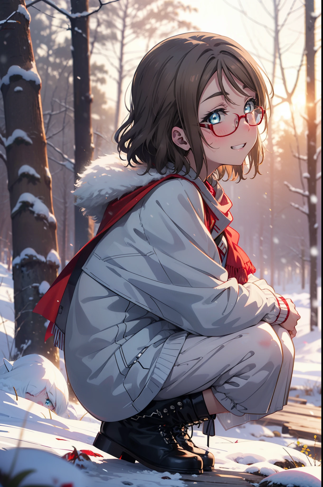 Yo Watanabe, Yu Watanabe, short hair, blue eyes, Brown Hair, smile, Grin,Medium Breast,Black-rimmed glasses,
Open your mouth,snow,Ground bonfire, Outdoor, boots, snowing, From the side, wood, suitcase, Cape, Blurred, having meal, forest, White handbag, nature,  Squat, Mouth closed, Cape, winter, Written boundary depth, Black shoes, red Cape break looking at viewer, Upper Body, whole body, break Outdoor, forest, nature, break (masterpiece:1.2), highest quality, High resolution, unity 8k wallpaper, (shape:0.8), (Beautiful and beautiful eyes:1.6), Highly detailed face, Perfect lighting, Extremely detailed CG, (Perfect hands, Perfect Anatomy),