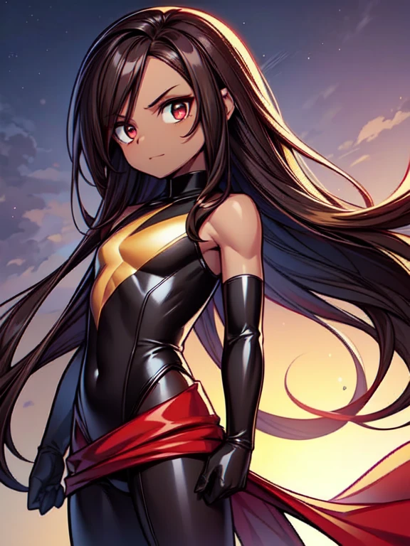 dark skin, male, flat chest, (((very long dark brown hair))), big red eyes and a very androgynous appearance, wearing Ms. Marvel (Carol Danvers) Black Costume, long black gloves