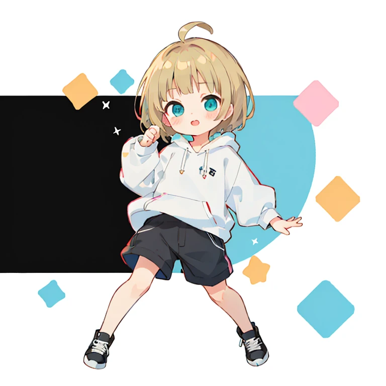Momoko Sakura style, Kawaii Design, (((Many people々)))、The most beautiful girl of all time、Little, Blonde Hair、Short Mash Hair、The front hair is even、Turquoise Eyes、White hoodie、Black hot pants、Black sneakers、breast enhancement、I puff out my cheeks
