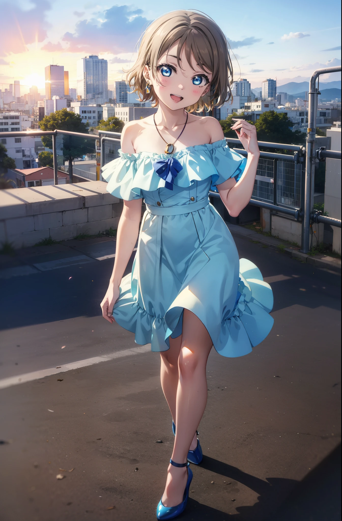 Yo Watanabe, Yu Watanabe, short hair, blue eyes, Brown Hair, smile, happy smile, smile, Open your mouth,Orange hair band,Rocket Pendant,Off-the-shoulder blue dress,Bare neck,Exposing shoulders,bare clavicle,blue long skirt,Cute stiletto heels,evening,sunset,walk,The sun goes down,whole bodyがイラストに入るように,Looking down from above,
break outdoors, Coastal Road,construction area,
break looking at viewer, whole body,
break (masterpiece:1.2), highest quality, High resolution, unity 8k wallpaper, (shape:0.8), (Beautiful details:1.6), Highly detailed face, Perfect lighting, Extremely detailed CG, (Perfect hands, Perfect Anatomy),