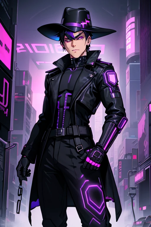 male, purple eyes, black hair, (((1boy))), (((black cyberpunk bodysuit))), (black trench coat), (black wide brimmed hat), (black cybernetic gauntlets), (black cybernetic boots), (black belt), long legs