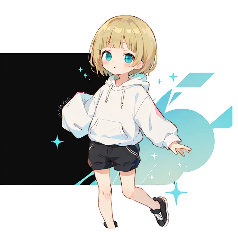 Momoko Sakura style, Kawaii Design, 、The most beautiful girl of all time、Little, Blonde Hair、Short Mash Hair、The front hair is even、Turquoise Eyes、White hoodie、Black hot pants、Black sneakers、